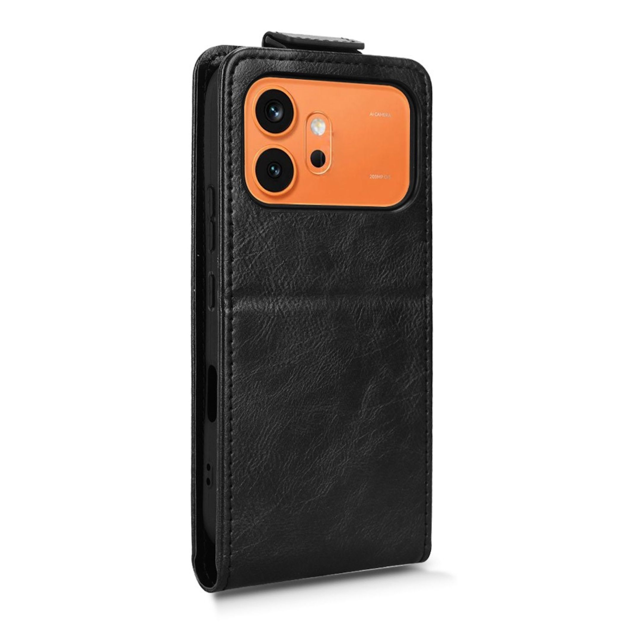 Schwarze Leder-Handyhülle mit einem auffälligen orangen Kameramodul auf der Rückseite.