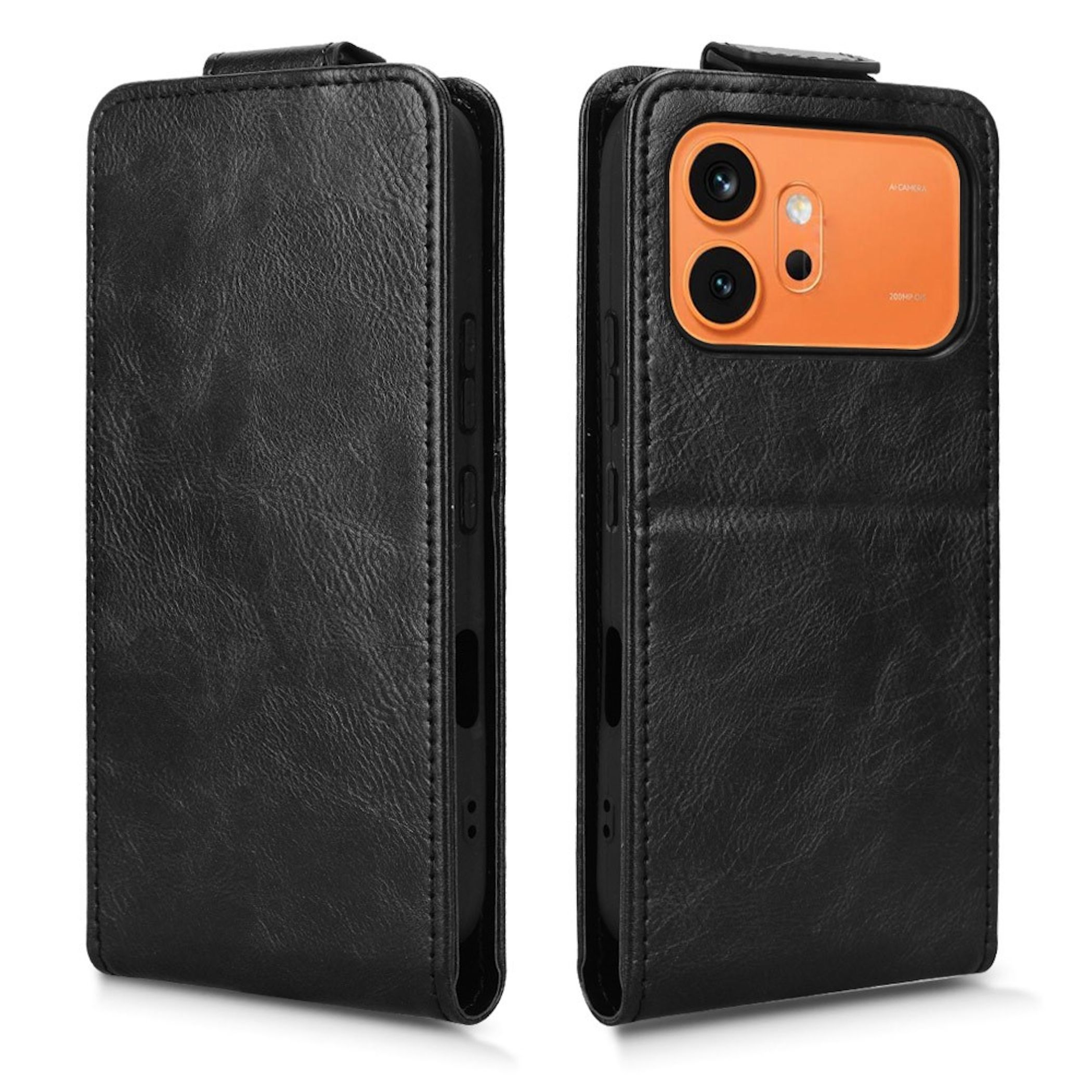 Schwarze Leder-Klapphülle für Smartphone mit orangefarbenem Kameramodul.