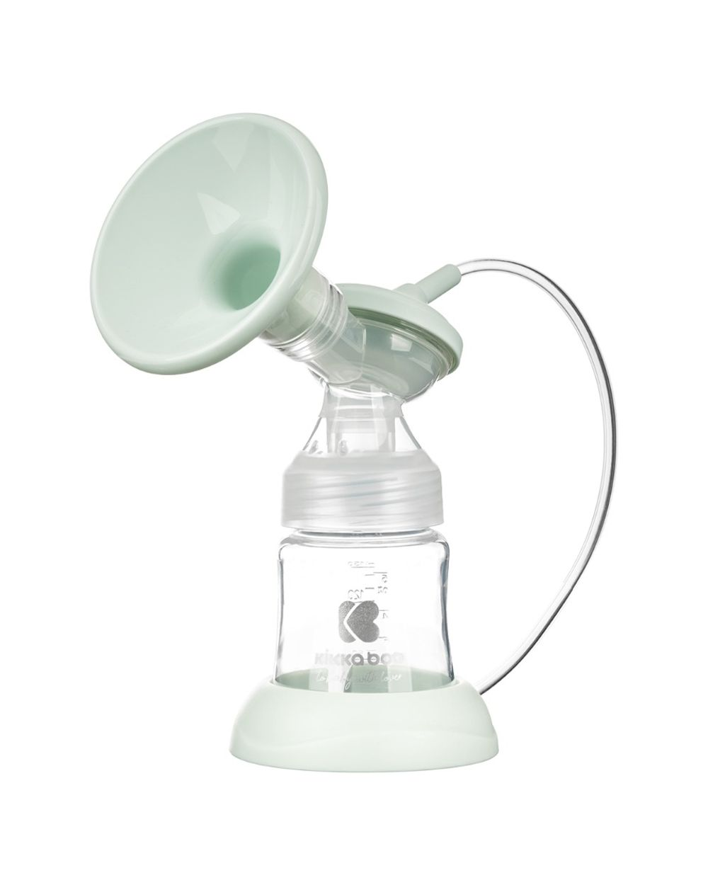 Eine elektrische Milchpumpe mit hellgrünen Akzenten, einer transparenten Flasche und einem Silikonschlauch.
