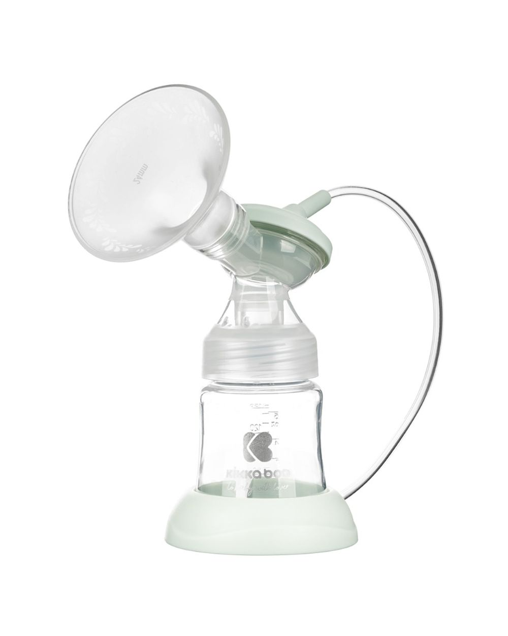 Eine elektrische Milchpumpe mit weißem Trichter, durchsichtiger Flasche und mintgrüner Basis auf weißem Hintergrund.