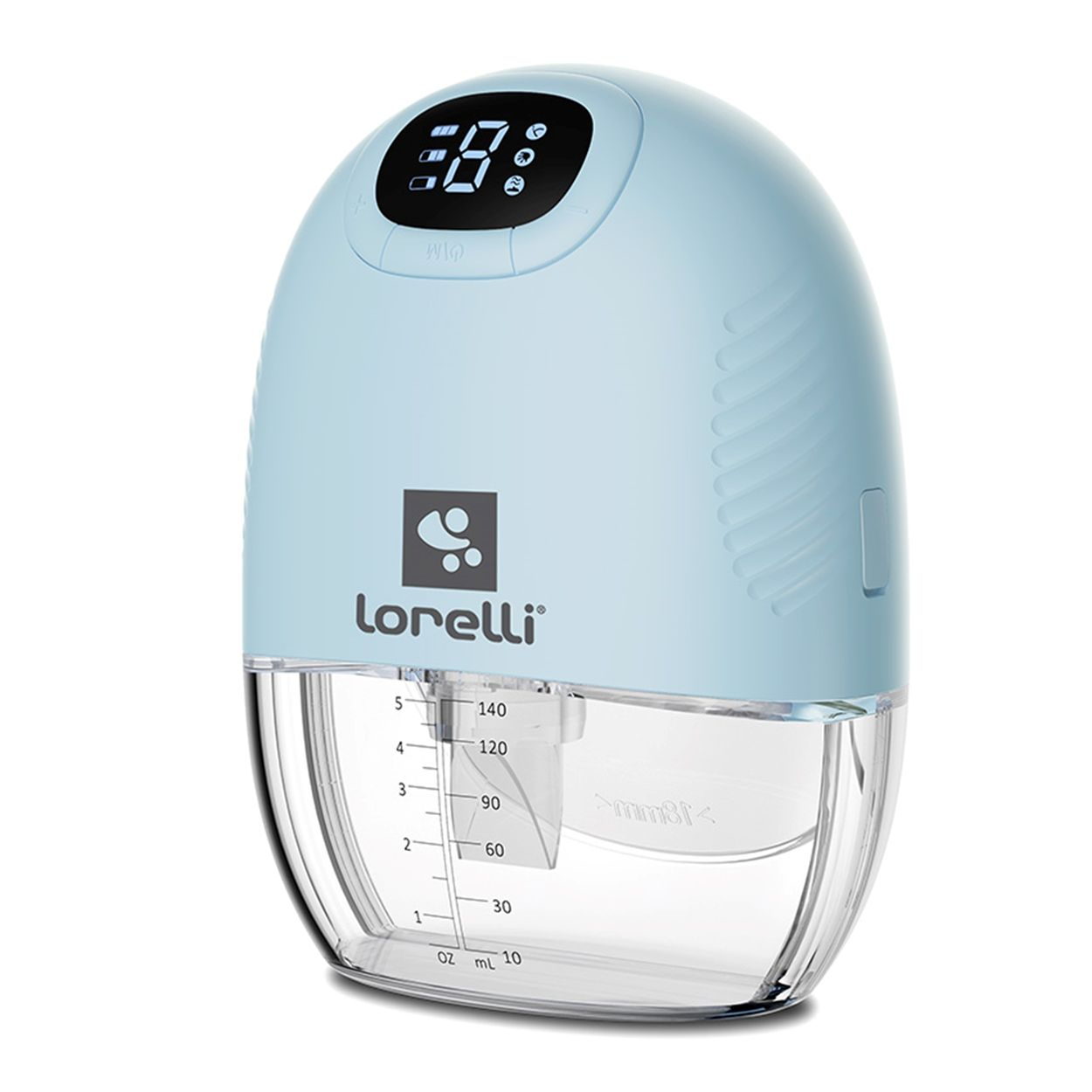 Hellblaue Lorelli-Milchpumpe mit digitalem Display und klarem Messbehälter.