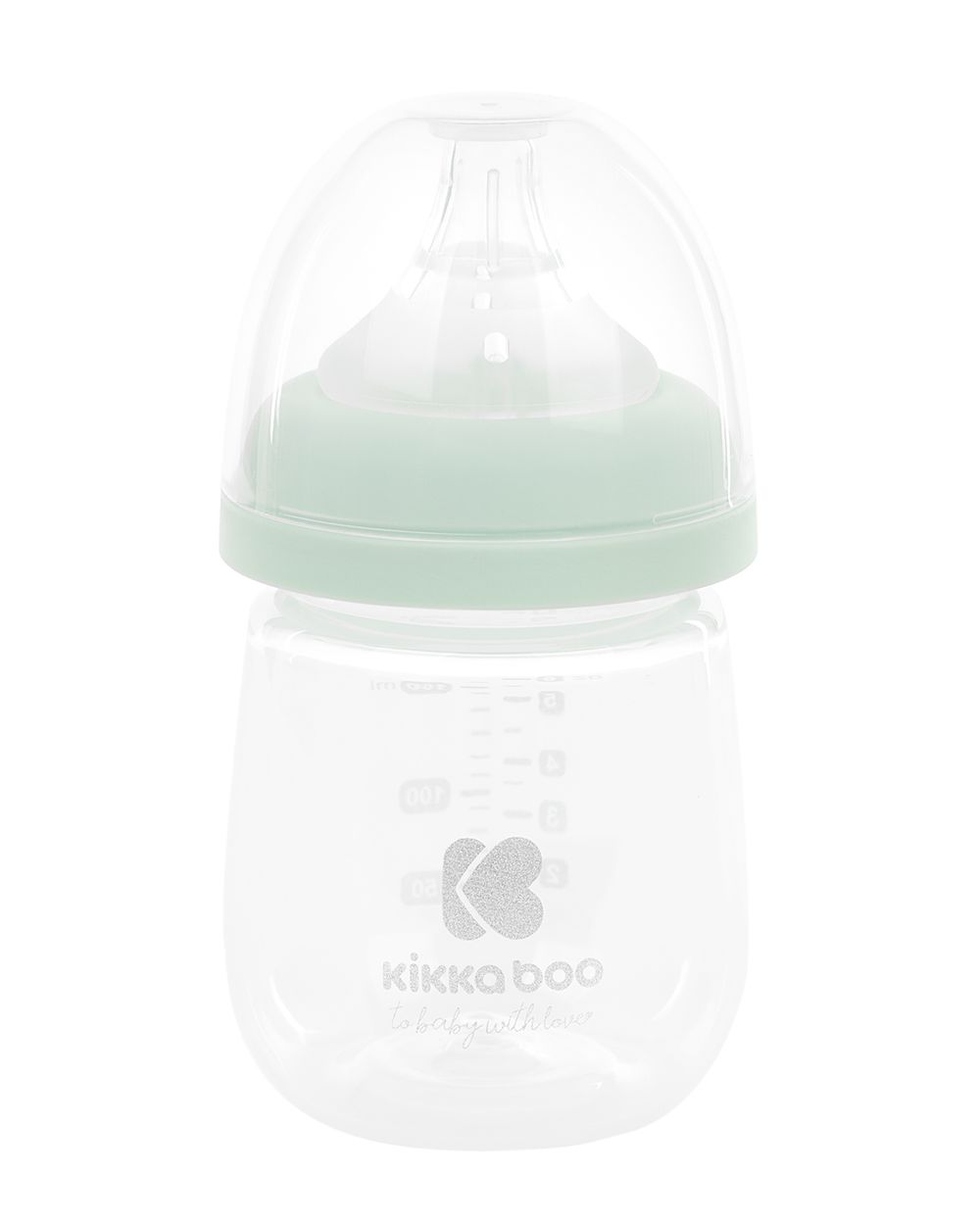 Eine durchsichtige Babyflasche mit mintgrünem Ring, Schutzkappe und Markenlogo auf weißem Hintergrund.