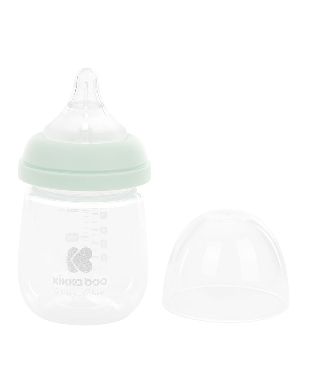 Eine klare Babyflasche mit mintgrünem Kragen, Sauger und separater Schutzkappe auf weißem Hintergrund.