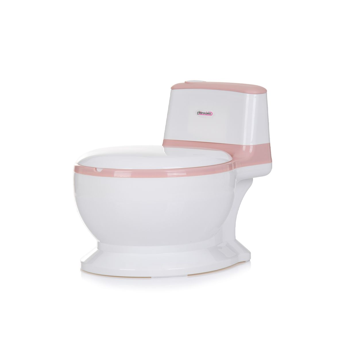 Ein weiß-rosa Kindertöpfchen in Toilettenform auf weißem Hintergrund.
