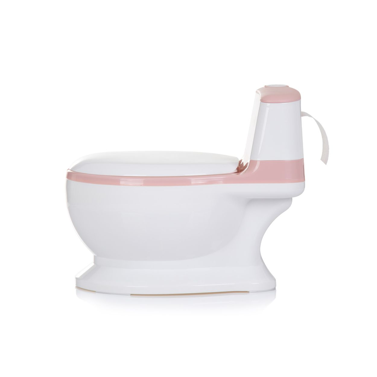 Ein weiß-rosa Kleinkind-Töpfchen in Toilettenform auf weißem Hintergrund.