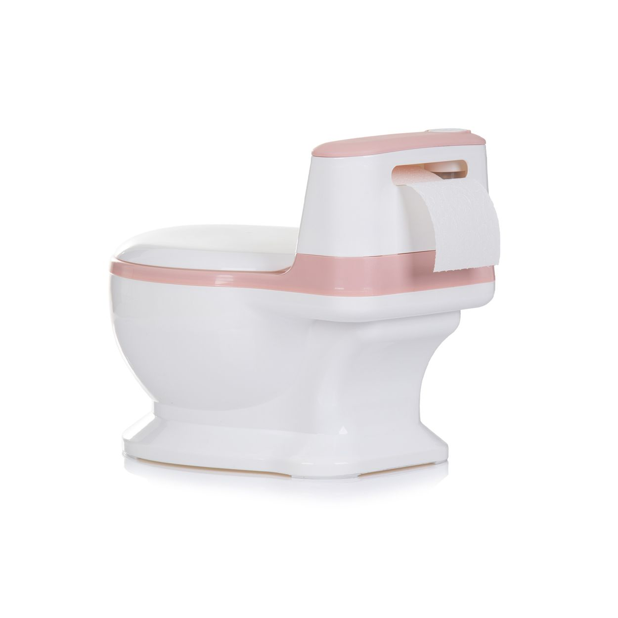 Ein weiß-rosa Kleinkind-Töpfchen mit integriertem Toilettenpapierhalter auf weißem Hintergrund.