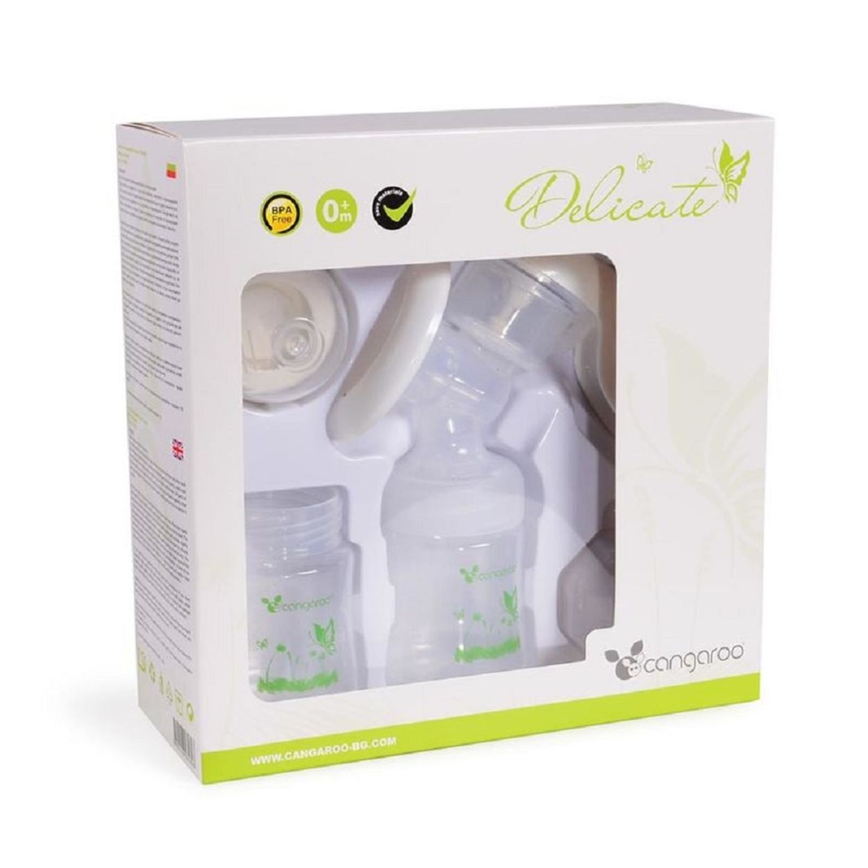 Eine weiße und grüne Schachtel der Delicate Milchpumpe mit Zubehörteilen im Inneren.
