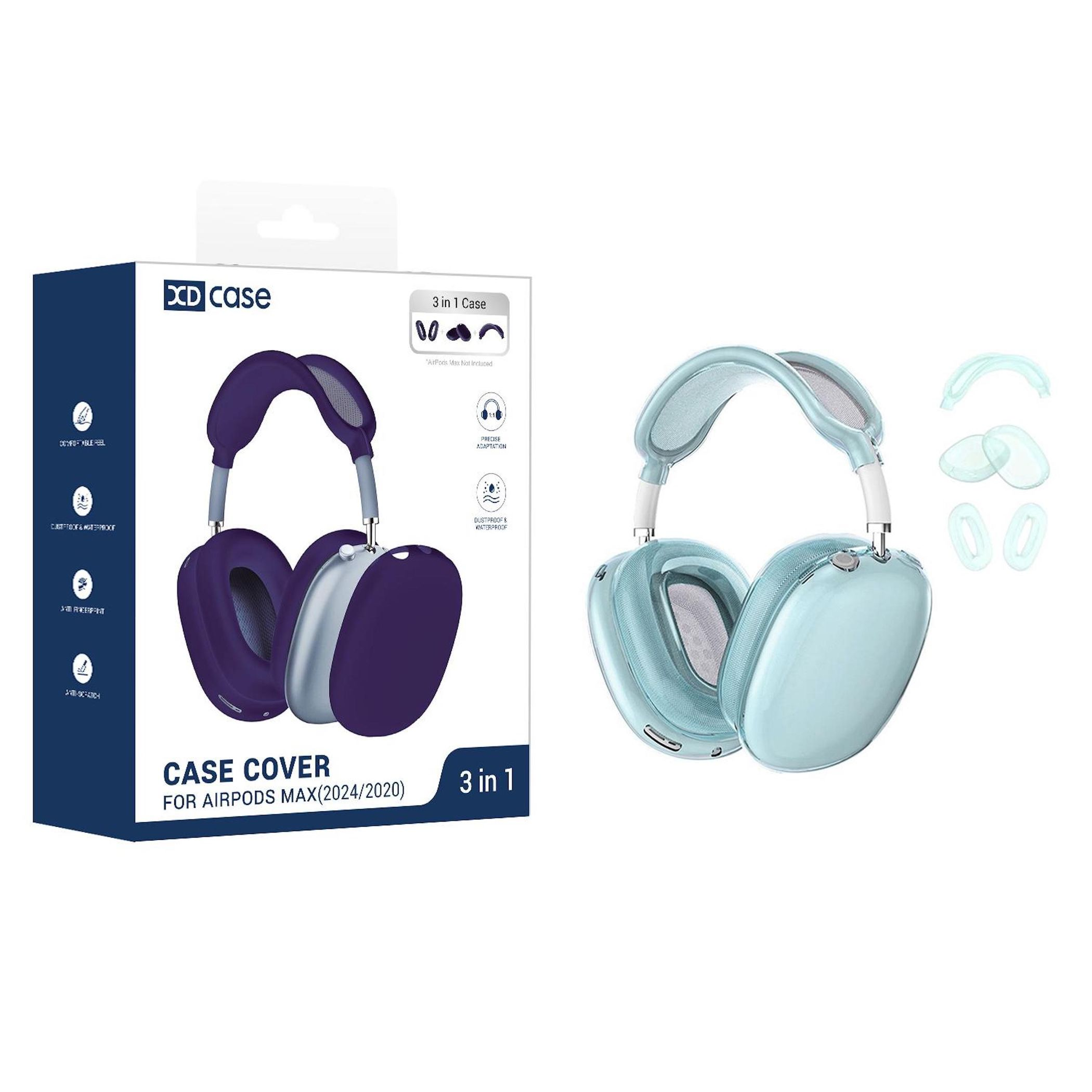 Blaue AirPods Max mit Schutzhülle und Verpackung.