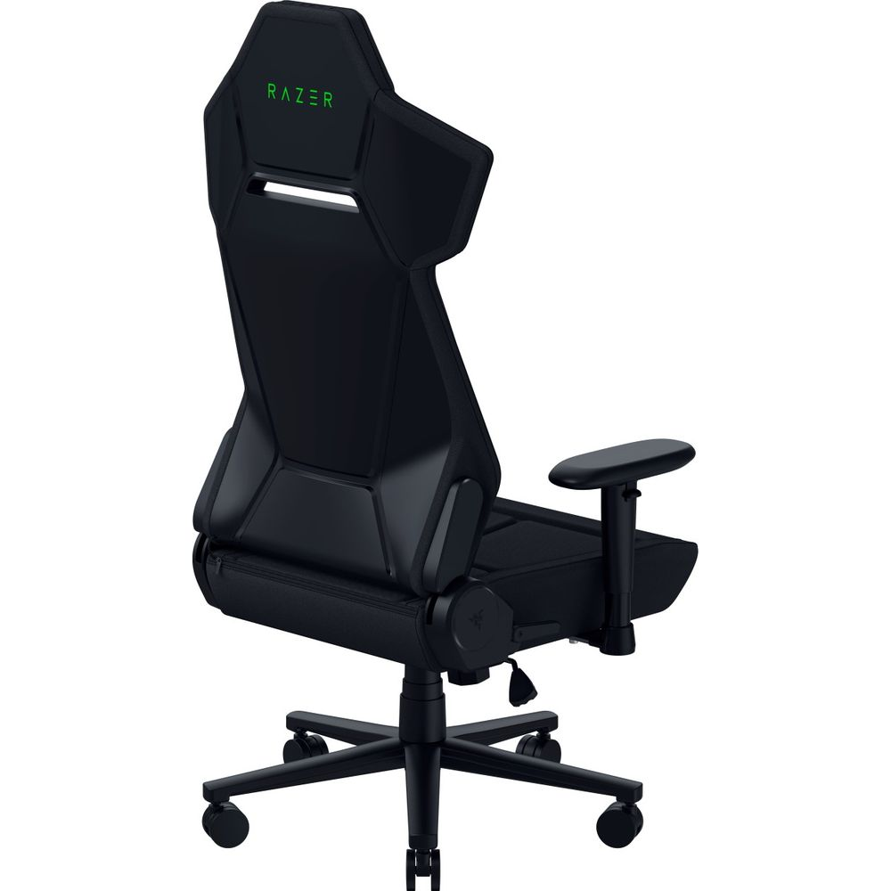Vista posteriore di una sedia da gaming Razer nera con logo verde su sfondo bianco.