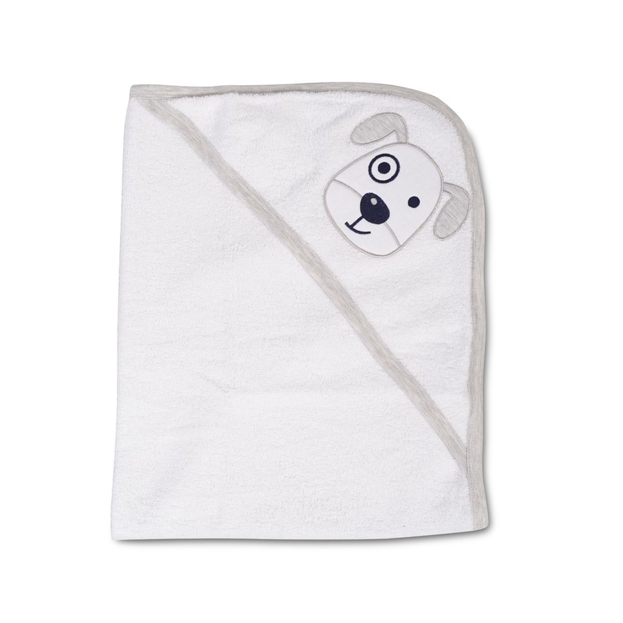 Weißes Babytuch mit Kapuze und grauem Hundegesicht.