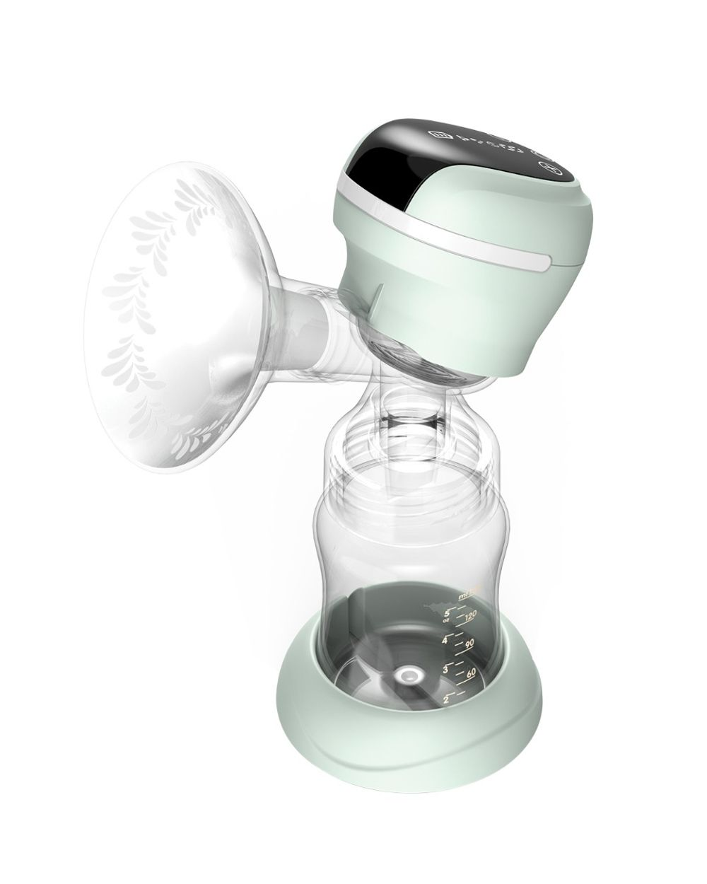 Eine hellgrüne und durchsichtige elektrische Milchpumpe mit transparenter Flasche, Blätter-Trichter und Display.