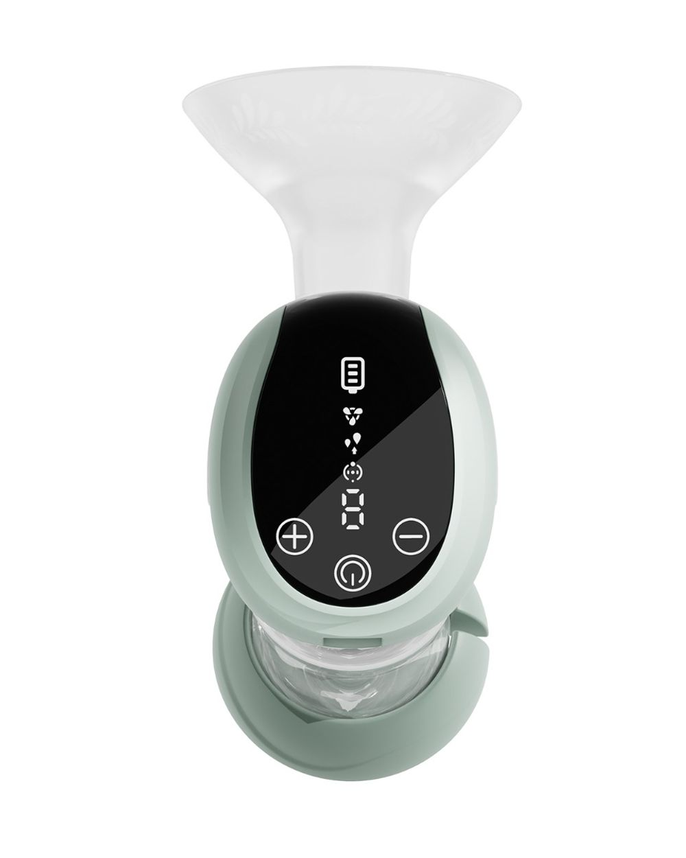 Eine mintgrüne und weiße elektrische Milchpumpe mit digitalem Display, Plus- und Minustasten sowie klarem Aufsatz.