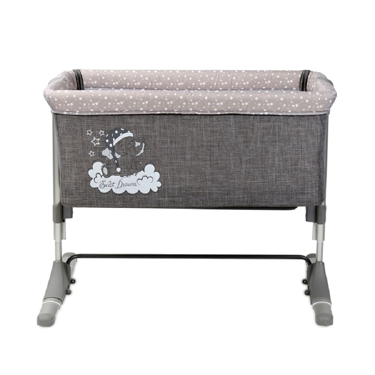 Graues Babybett mit Sternenmuster und einem Elefanten auf einer Wolke.
