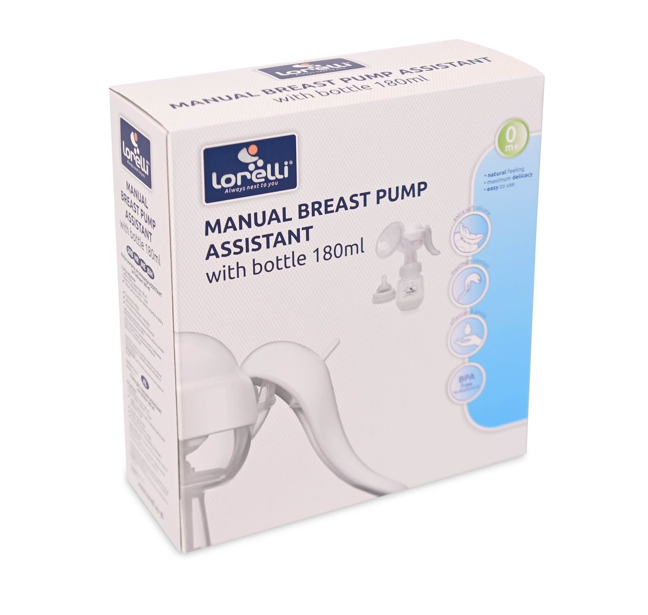 Lorelli Handmilchpumpe Verpackung mit Produktbild und blauen Details.