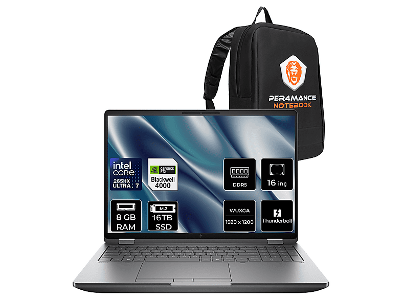 HP ZBook Fury G1i RTX Pro 4000 16GB FHD+ C65H8ESPN308 Intel Core Ultra 7 265HX 8 GB RAM 16 TB SSD 16 inç FreeDOS Laptop+Çanta Gri