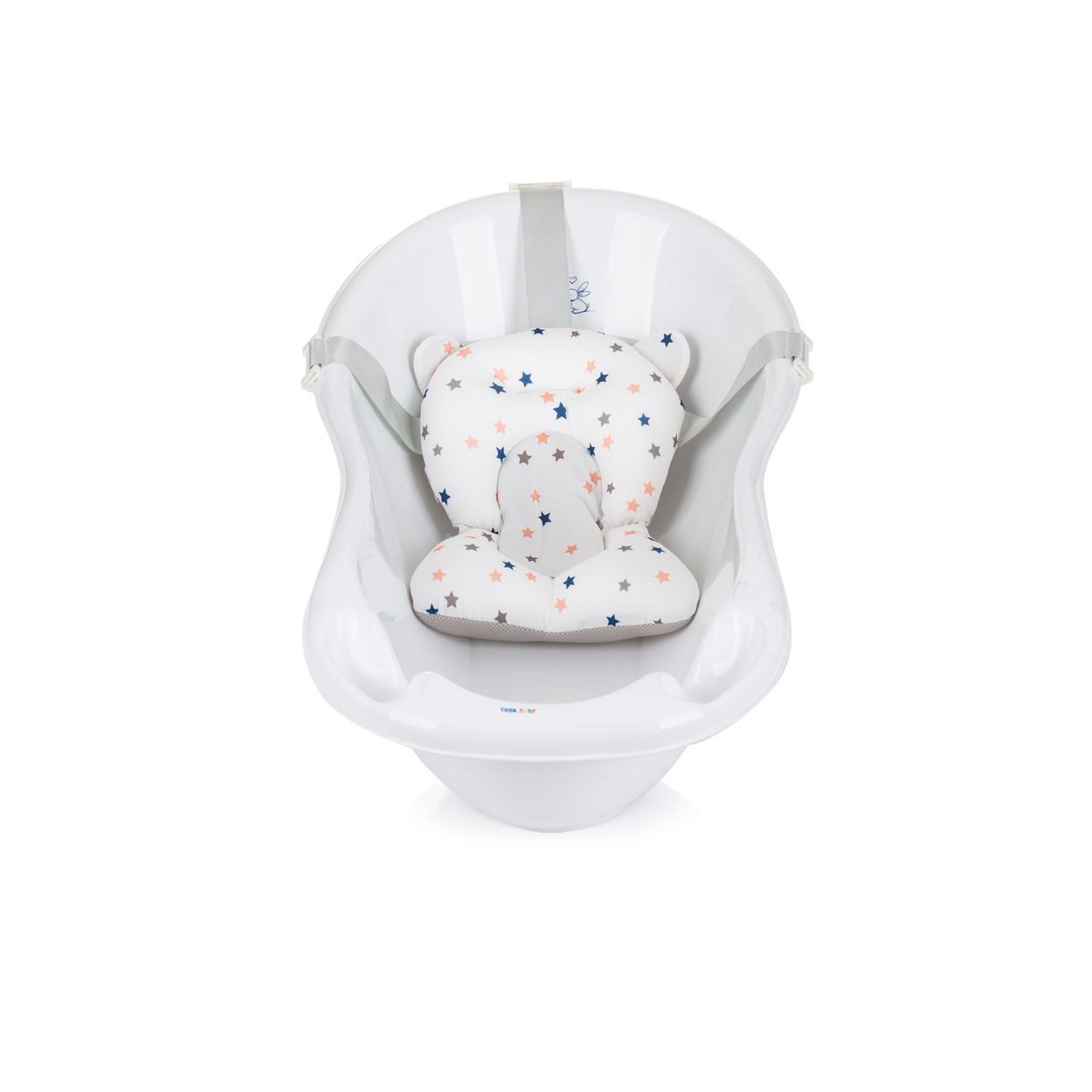 Eine weiße Babywanne mit einer gepolsterten Matte mit Sternenmuster und Sicherheitsgurten.