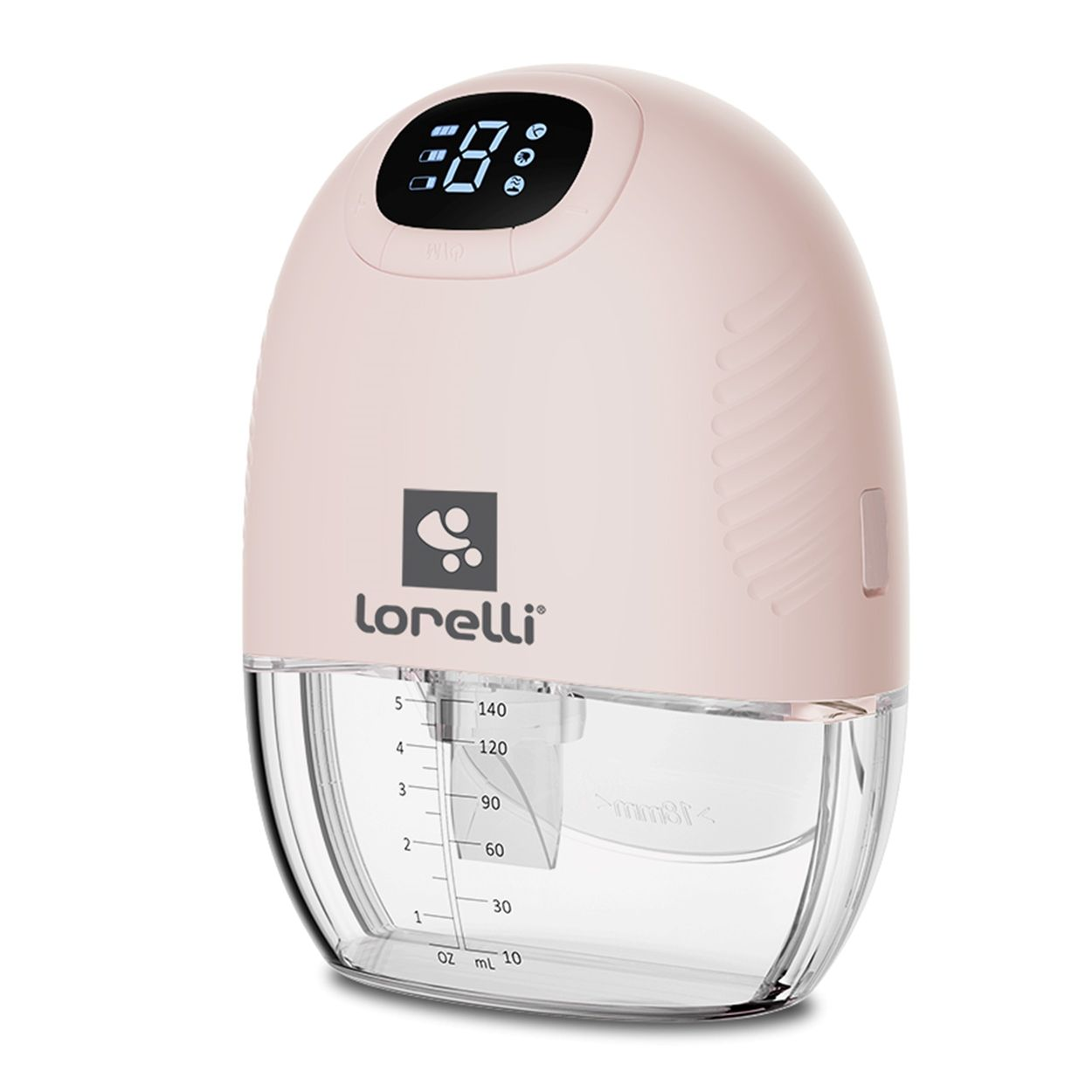 Rosa Lorelli Milchpumpe mit Digitaldisplay und klarem Messbecher auf weißem Grund.