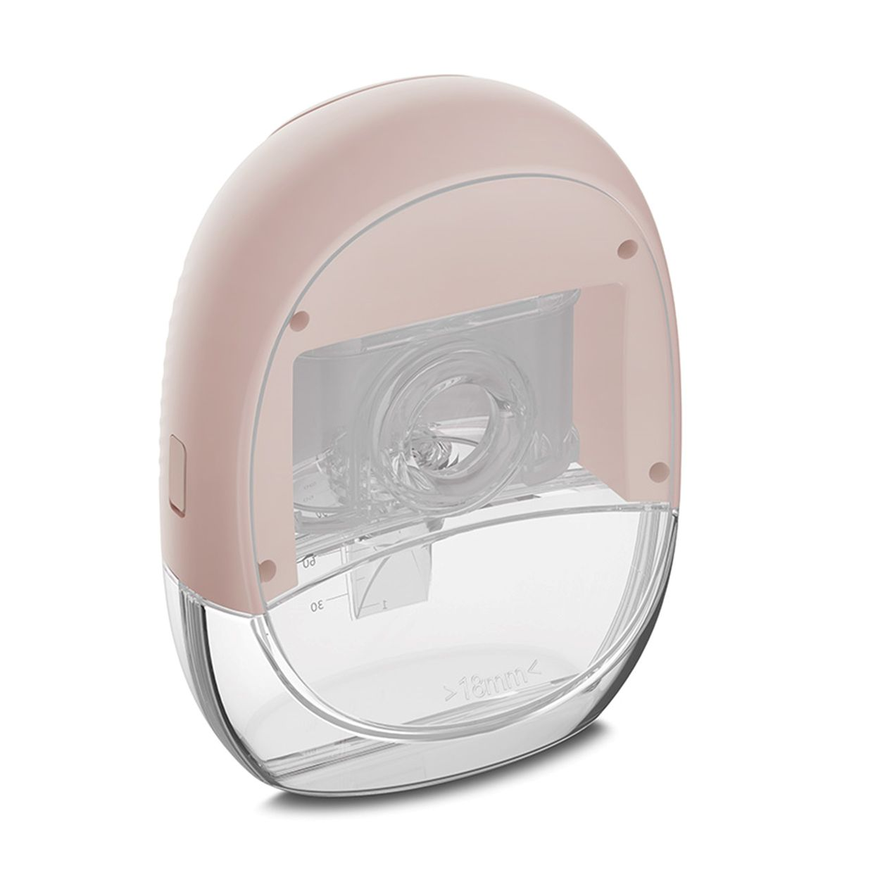 Eine rosa und klare tragbare Milchpumpe mit transparentem Auffangbehälter vor weißem Hintergrund.