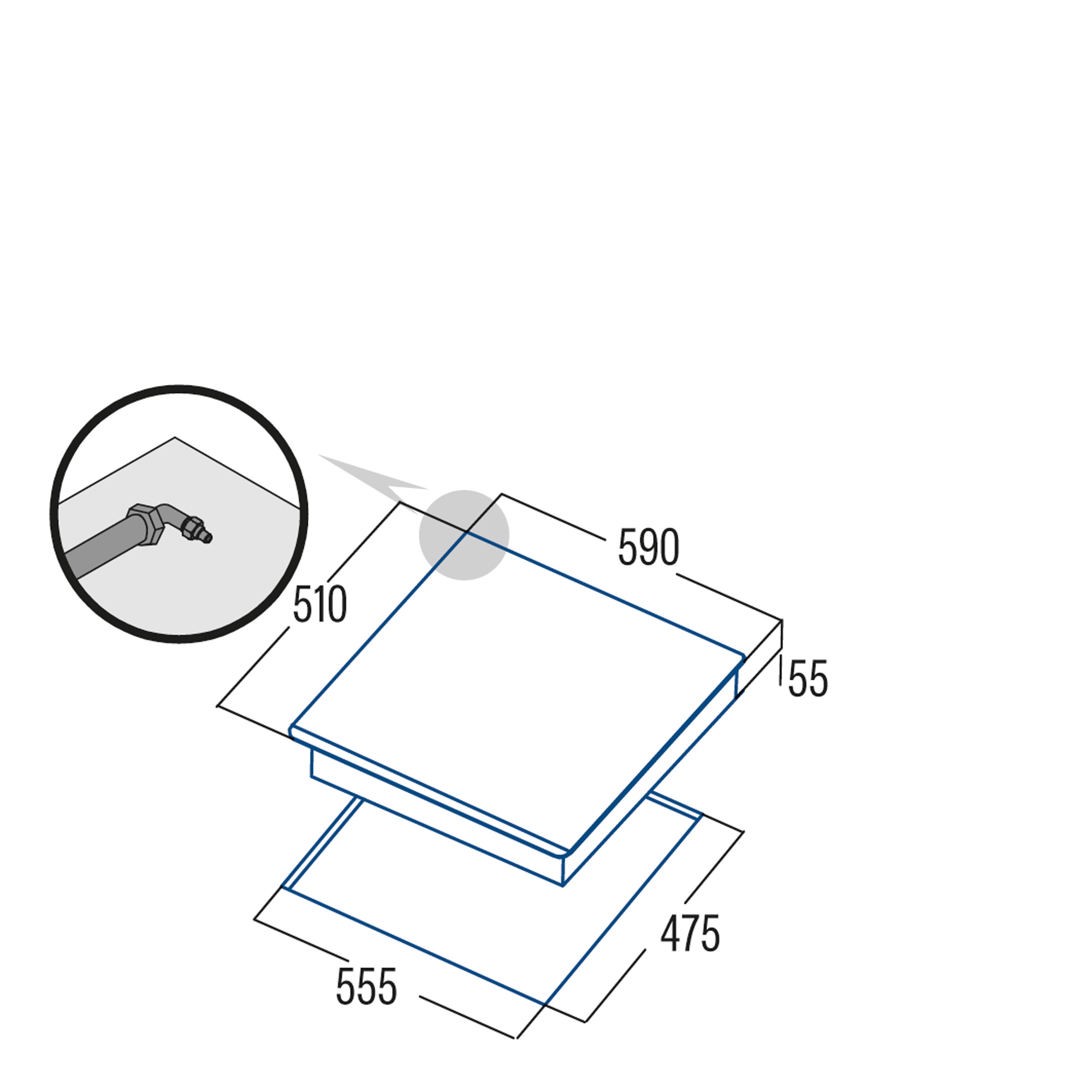 Dibujo técnico de una encimera con dimensiones en milímetros y una vista detallada de la conexión.