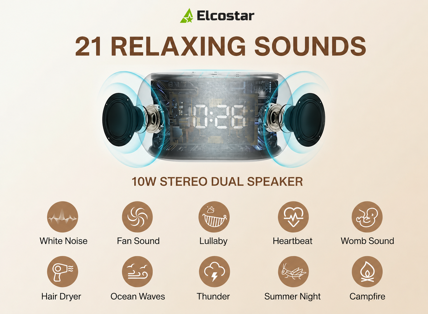 Haut-parleur stéréo double Elcostar 10W avec horloge numérique et icônes de sons.