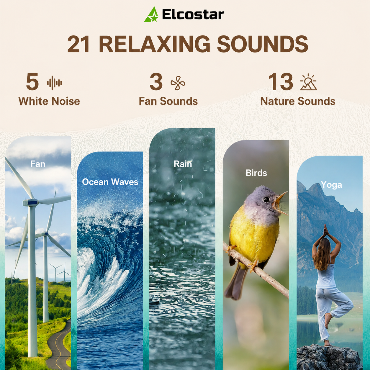 Publicité pour 21 sons relaxants comprenant éoliennes, vagues, pluie, oiseaux et yoga.