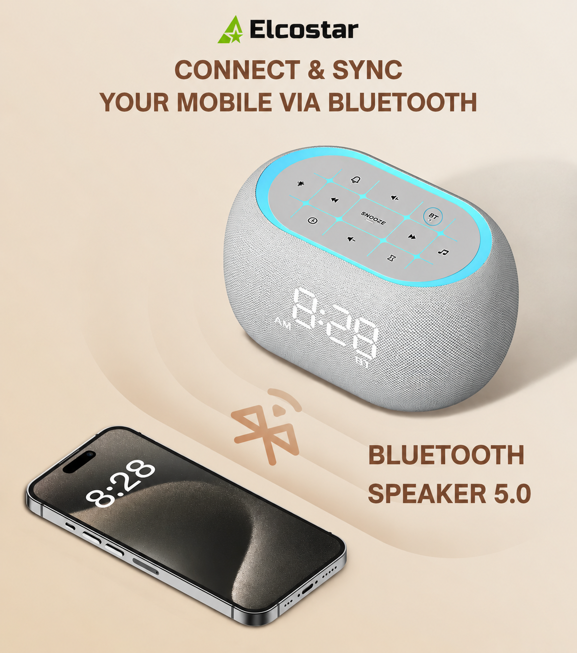 Une enceinte Bluetooth grise avec horloge et un smartphone sont présentés sur fond beige.