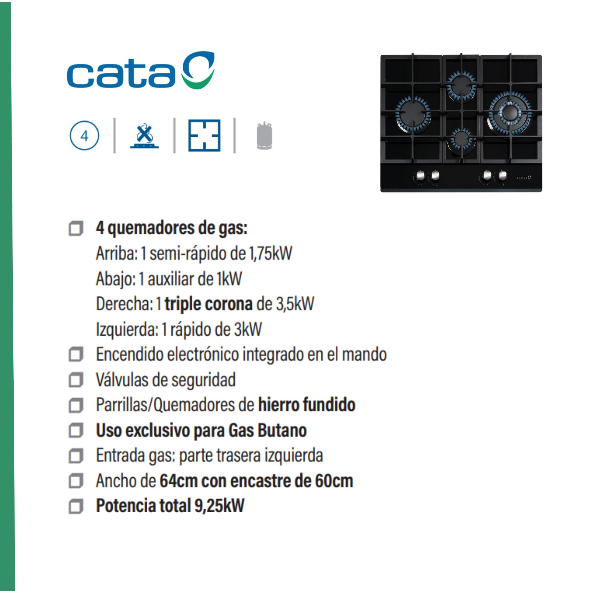 Placa de gas negra Cata con cuatro quemadores y lista de especificaciones.