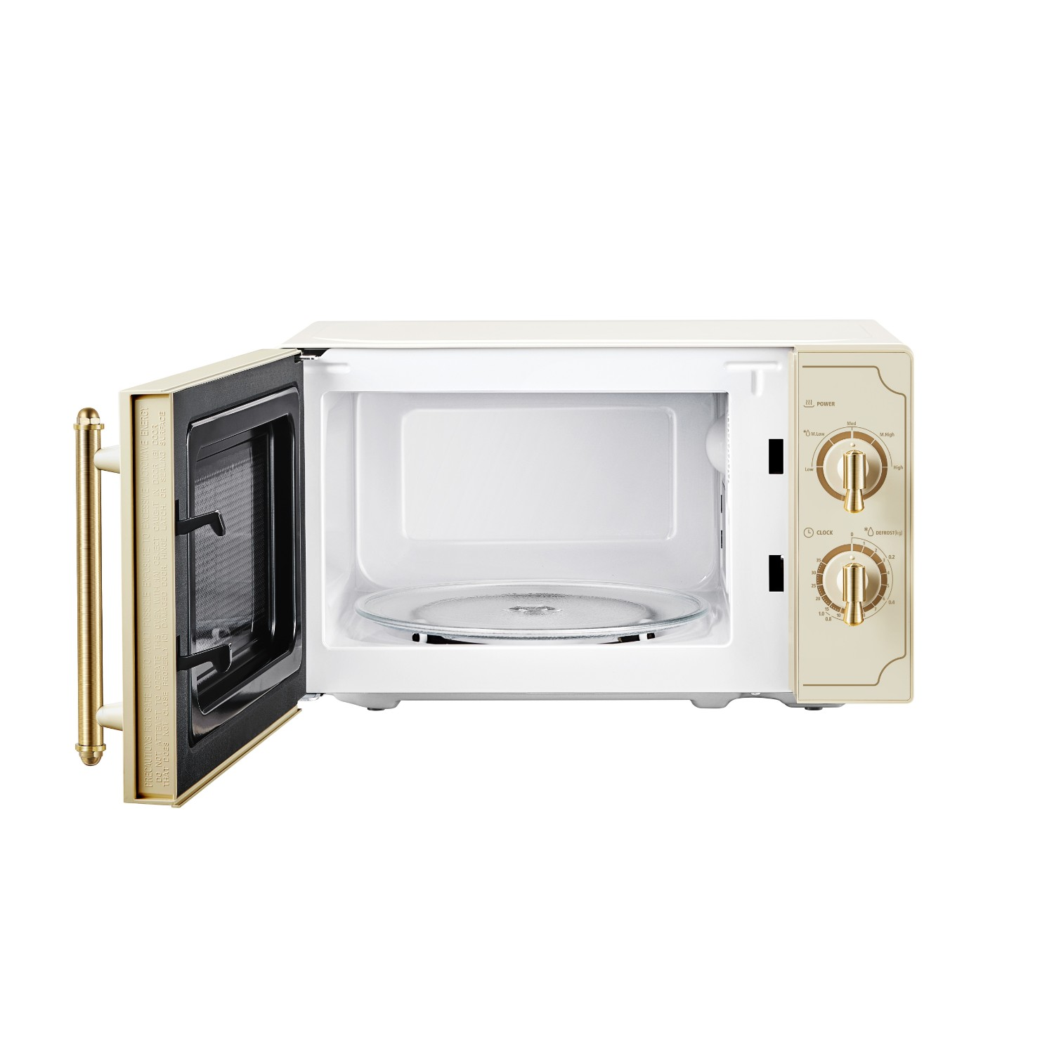 Un microonde crema e oro con la porta aperta, l'interno e il piatto di vetro.
