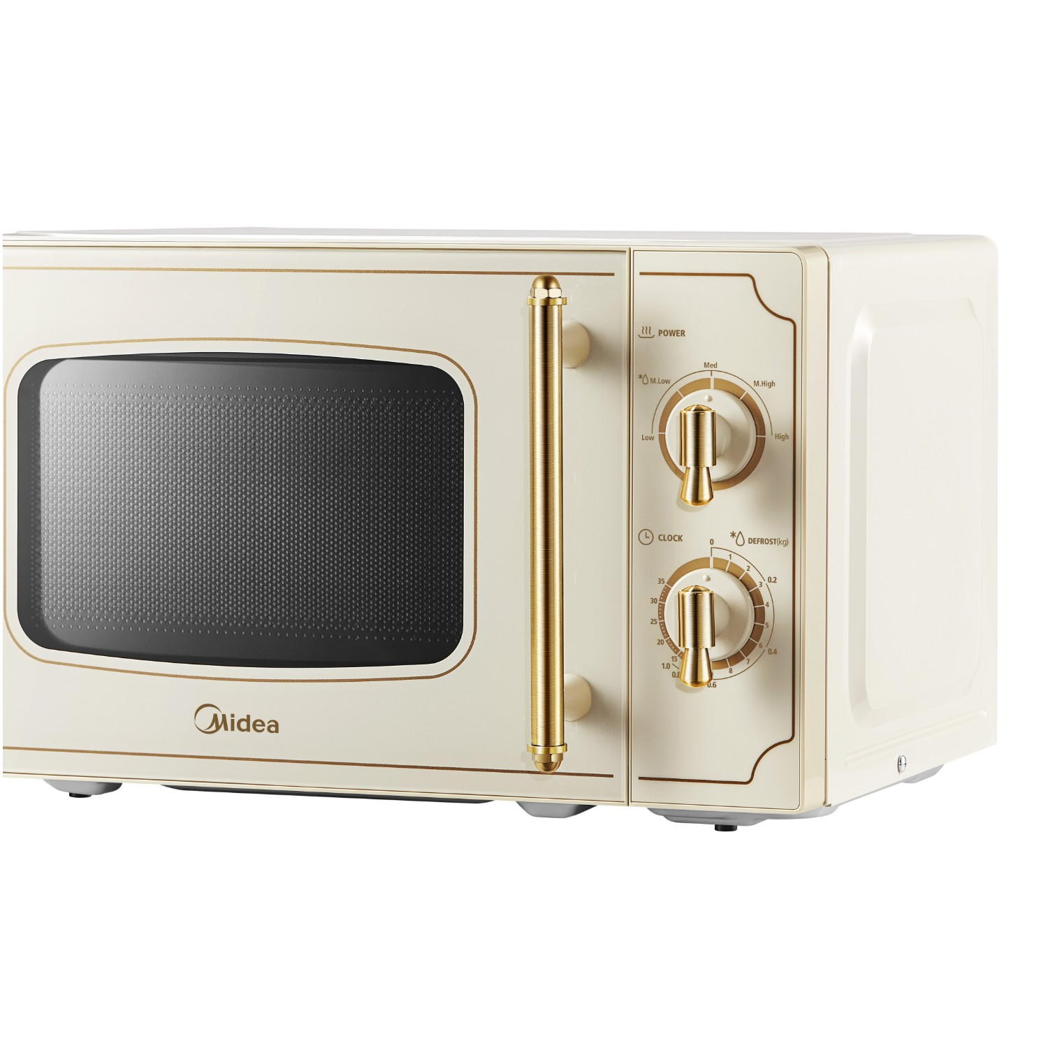 Microonde vintage Midea beige e oro con due manopole di controllo e una maniglia su sfondo bianco.