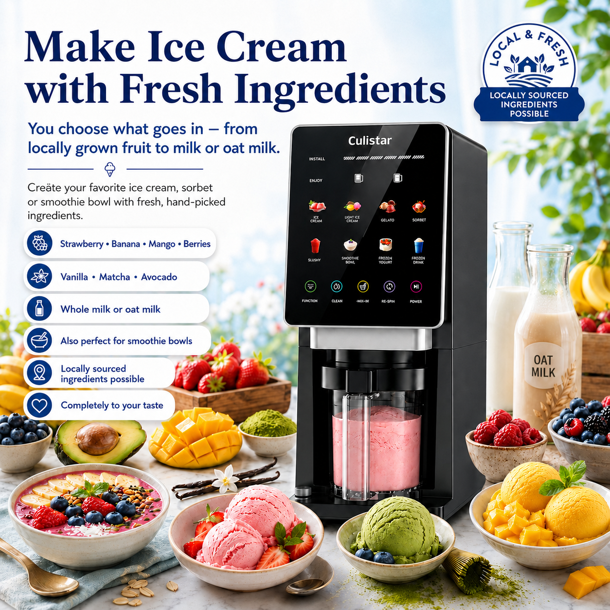 Ice cream maker displayed with fresh ingredients, fruit, and bowls on a table.
