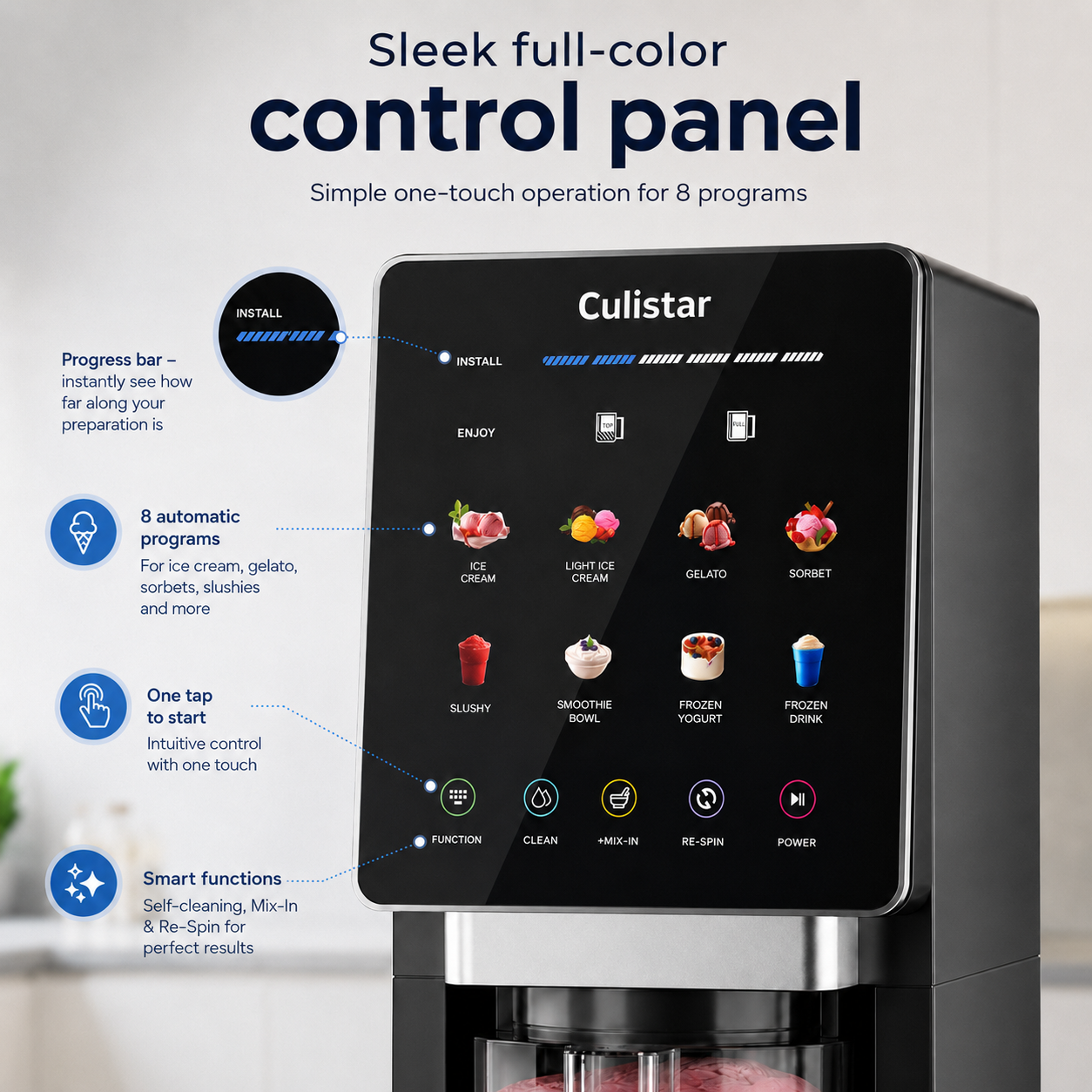 Control panel of a Culistar ice cream maker showing eight automatic programs and icons for various desserts.
