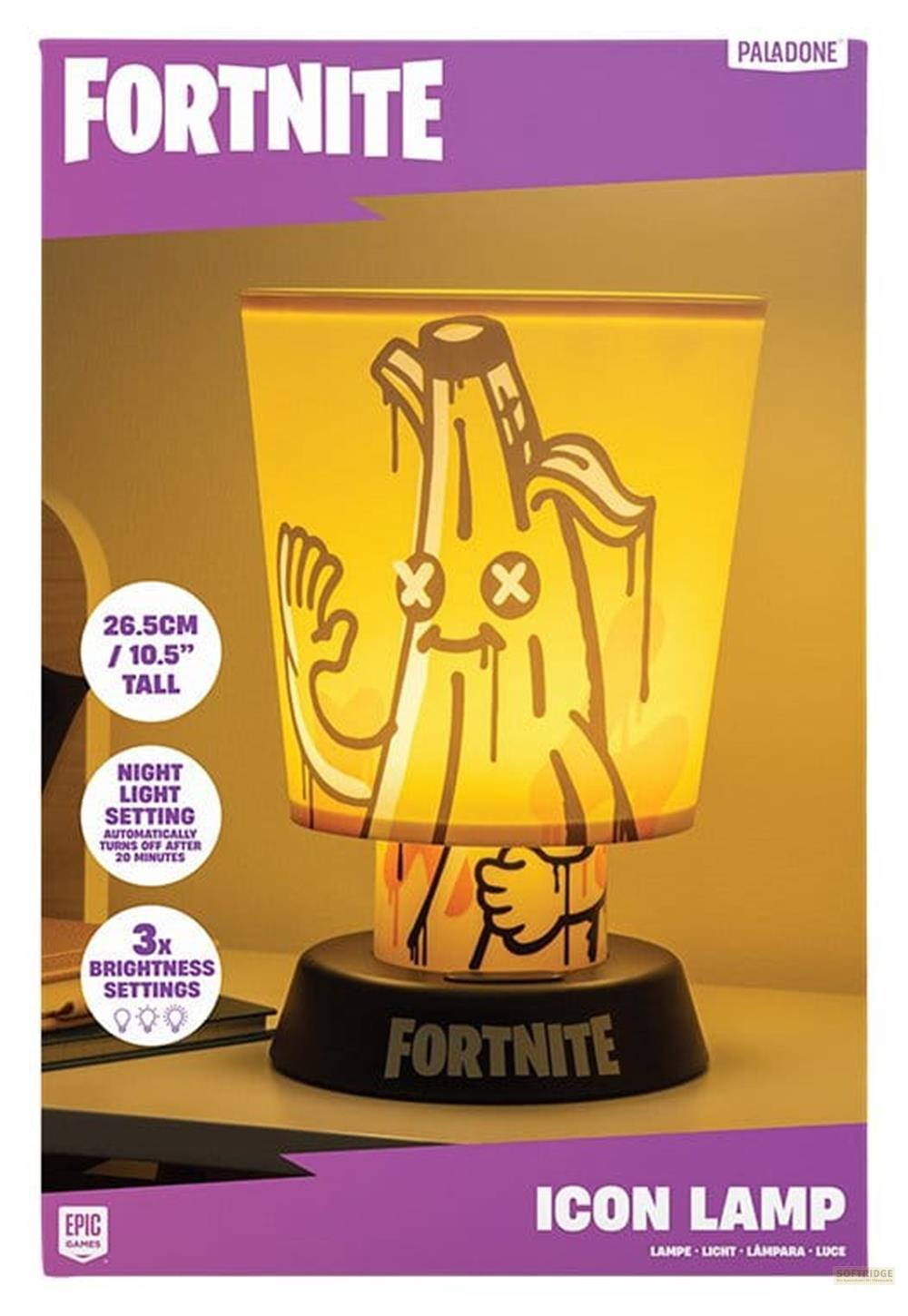 Fortnite Peely Icon Lampe auf einem Tisch in einer violetten Verpackung mit Produktdetails.