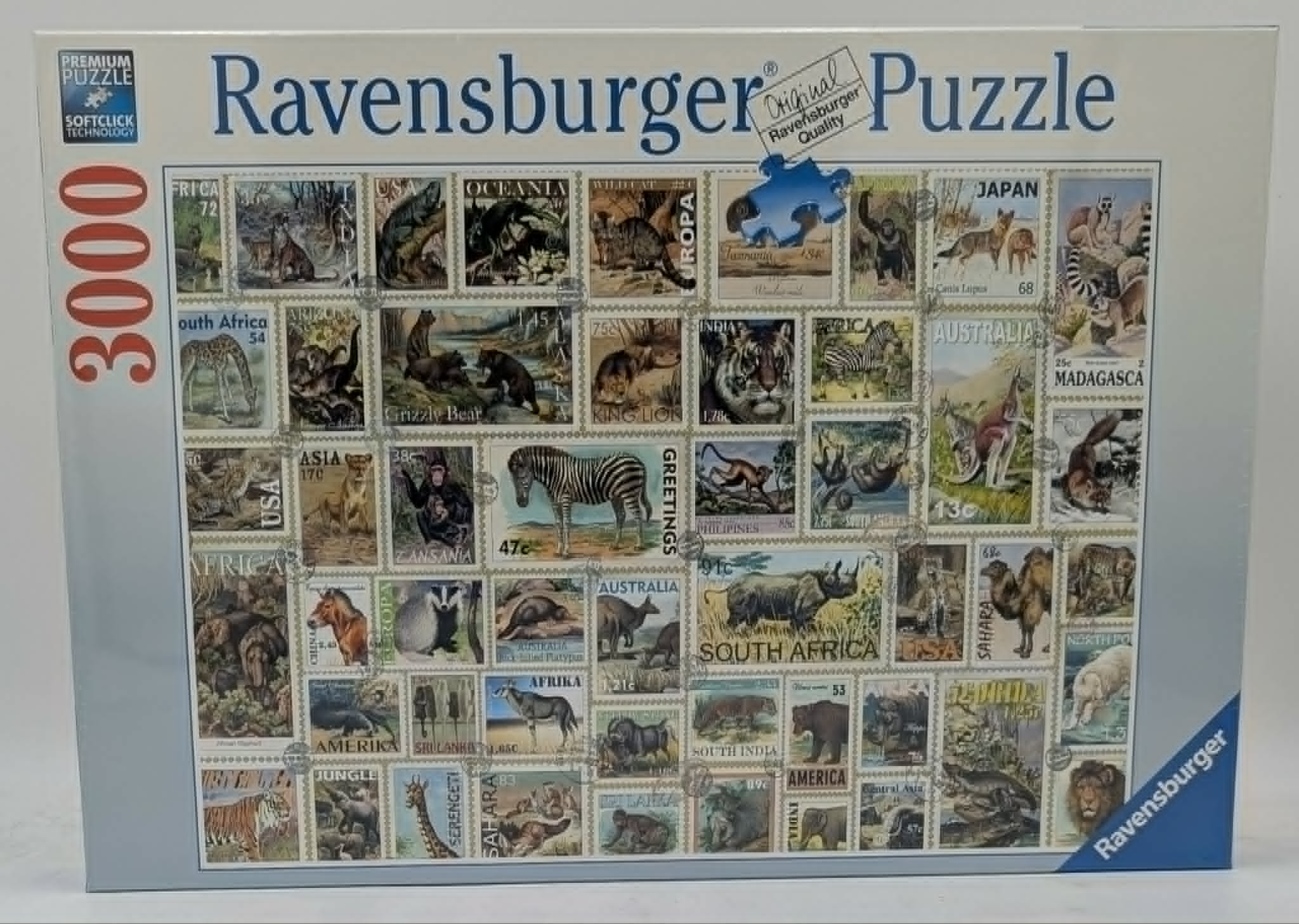 Ravensburger 3000-Teile-Puzzle mit einer Collage von Briefmarken, die verschiedene Wildtiere und Regionen zeigen.