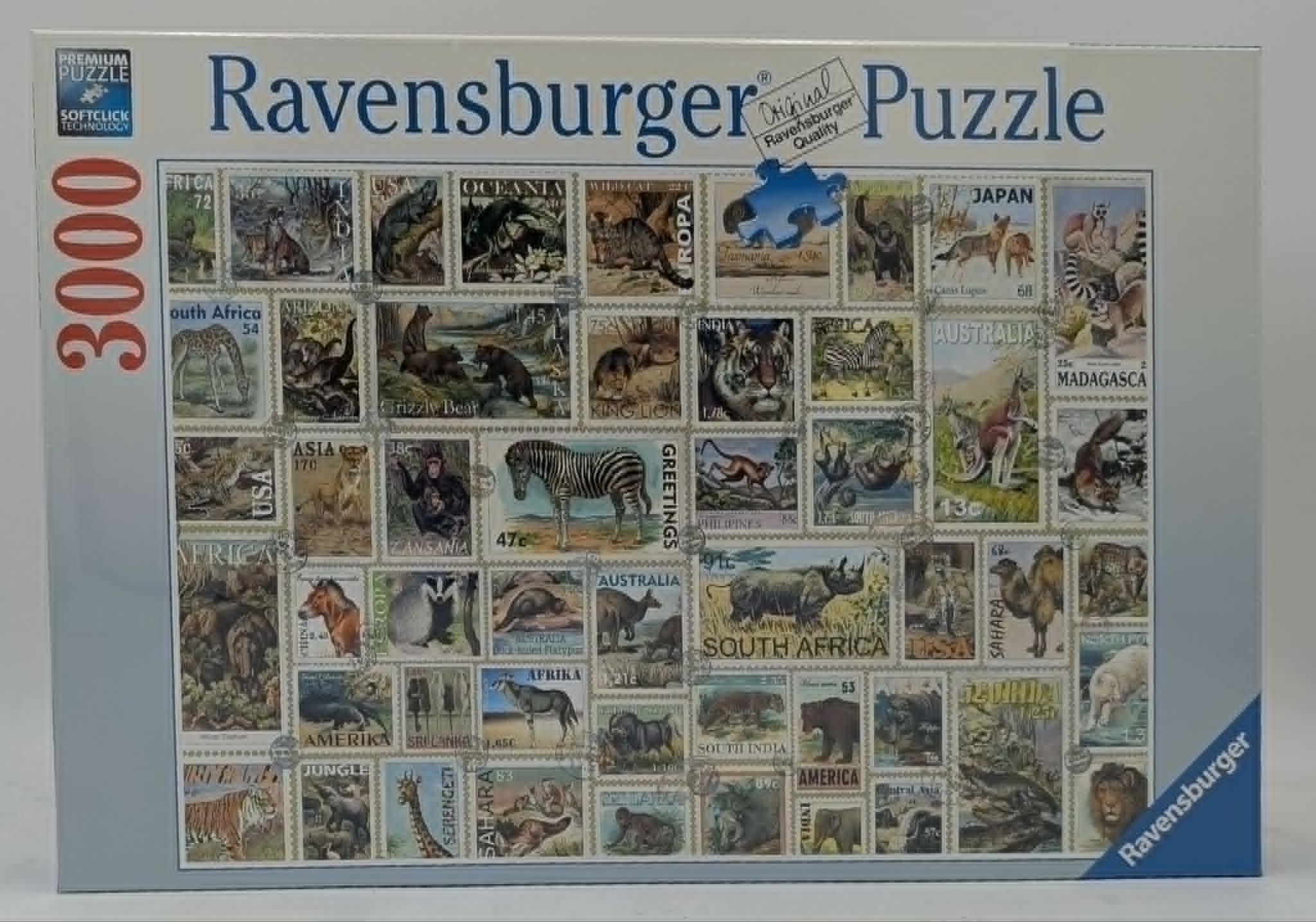 Ravensburger 3000-Teile-Puzzle mit einer Collage von Briefmarken, die verschiedene Wildtiere zeigen.