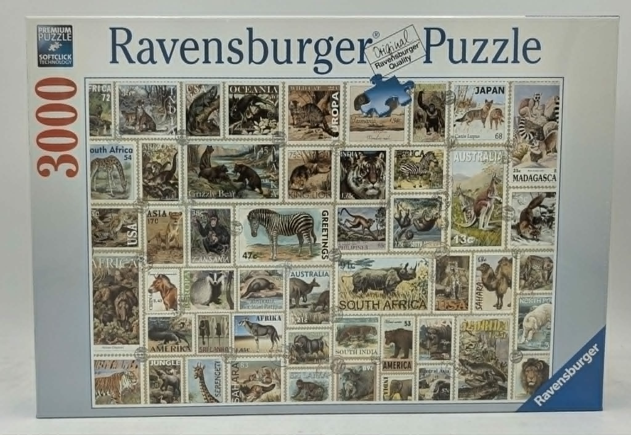 Ravensburger 3000-Teile-Puzzle mit einer Collage aus Briefmarken mit verschiedenen Wildtieren.
