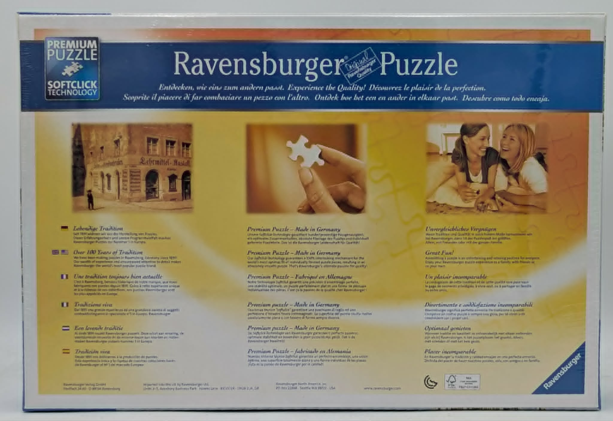 Rückseite einer Ravensburger Puzzle-Schachtel mit Produktinformationen.
