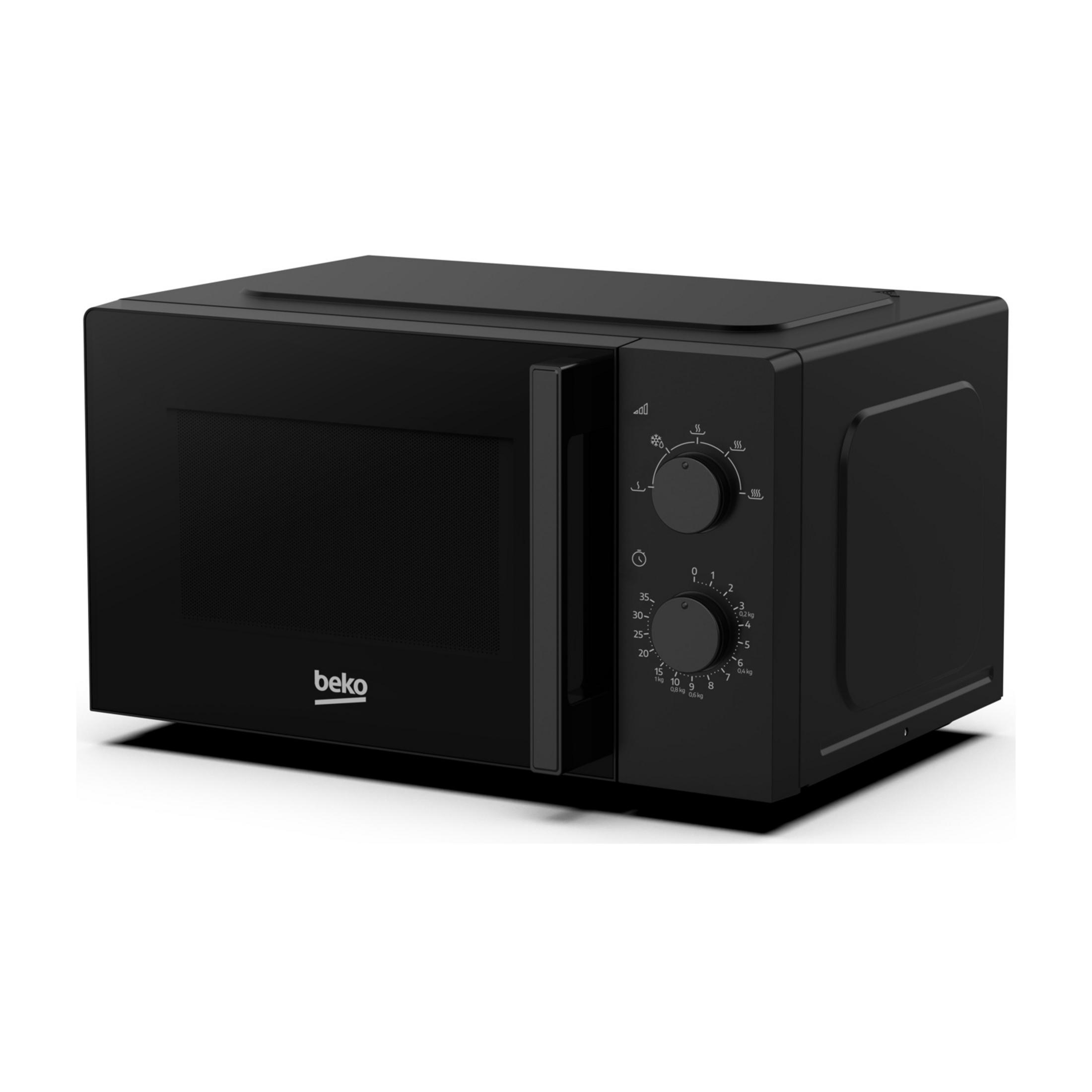 Een zwarte Beko-magnetron met twee draaiknoppen op het rechterpaneel, een verticale handgreep en een gaasdeur.