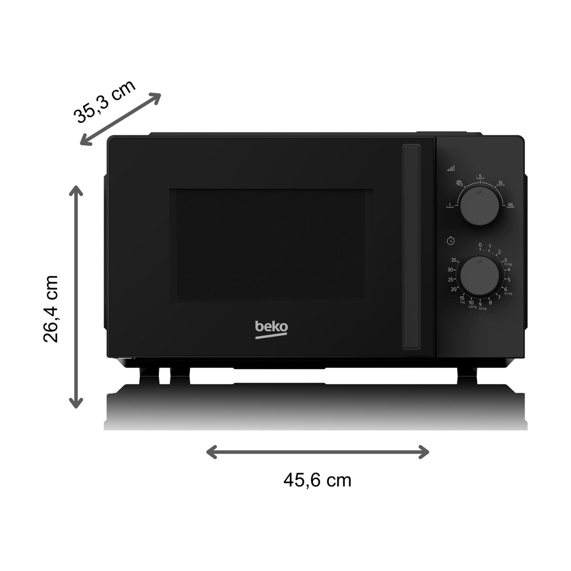 Zwarte Beko-magnetron met twee knoppen rechts en maatpijlen voor breedte, hoogte en diepte.