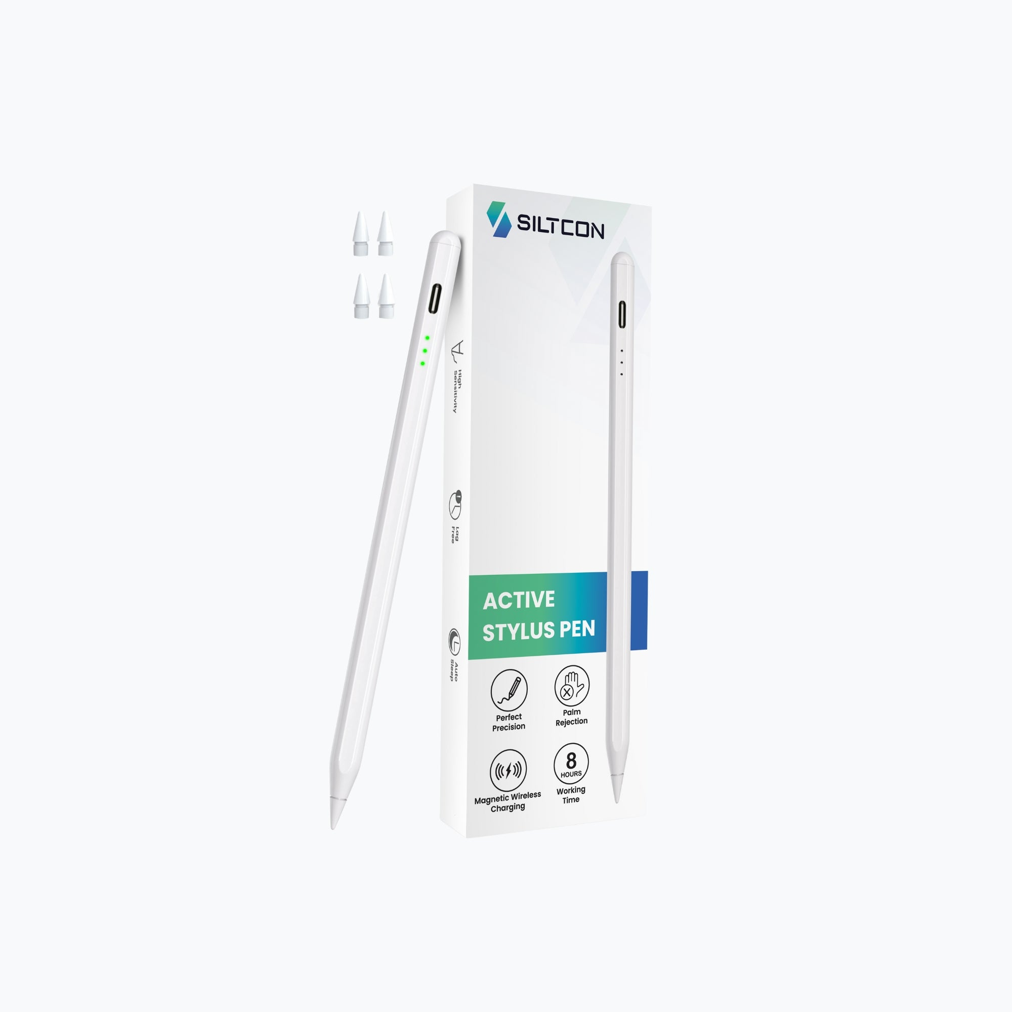 White active stylus pen with packaging and four replacement tips on a white background.