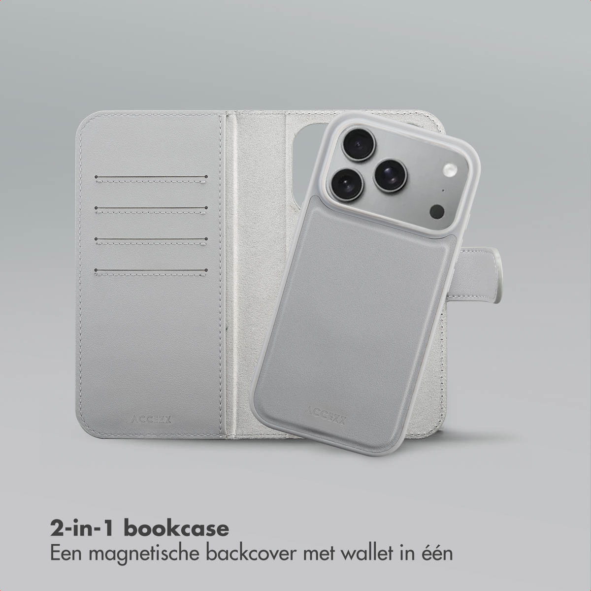 Ein hellgraues 2-in-1-Bücherregal mit magnetischer Rückseite und Wallet-Fächern.