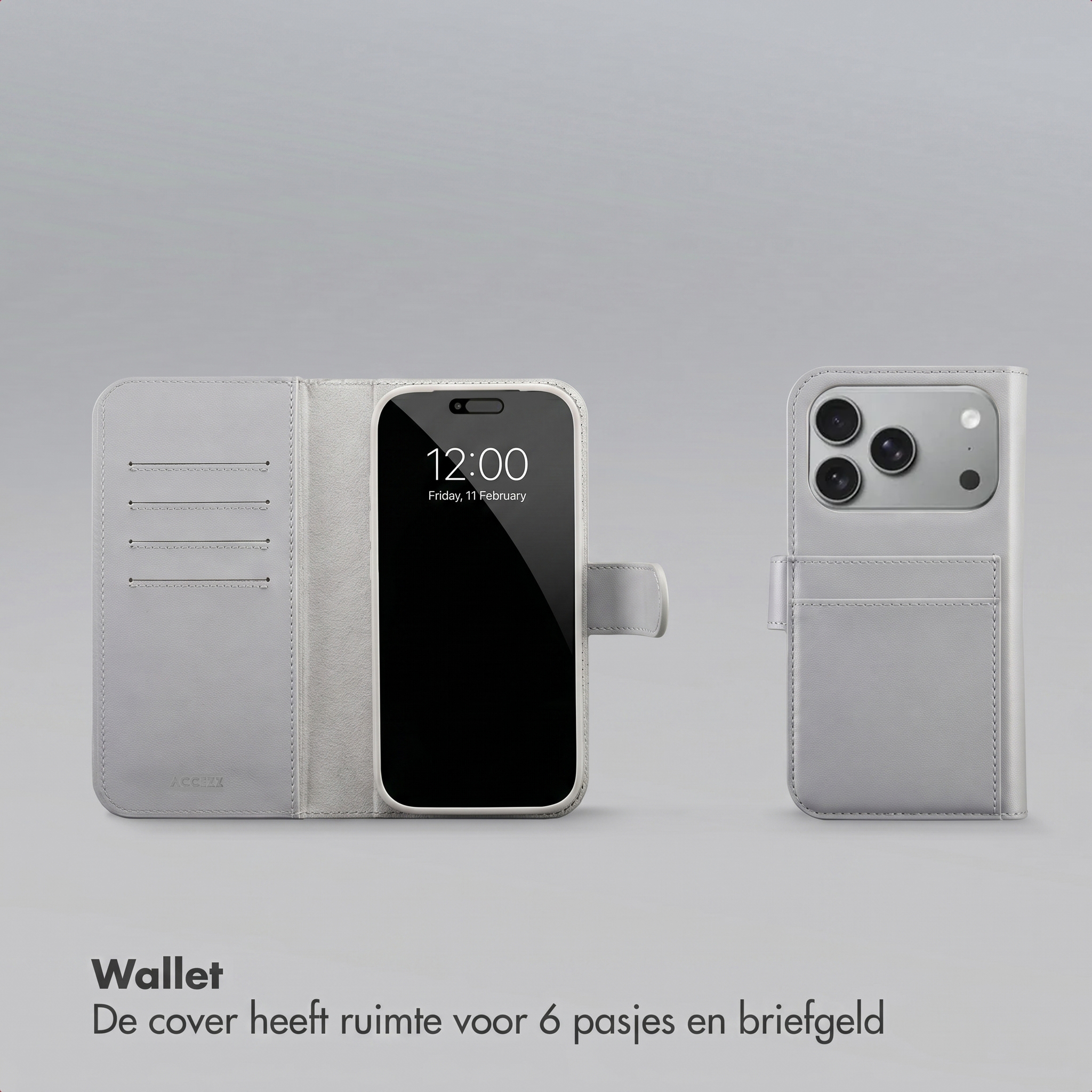 Graue Leder-Handytasche mit Kartenfächern und Smartphone.