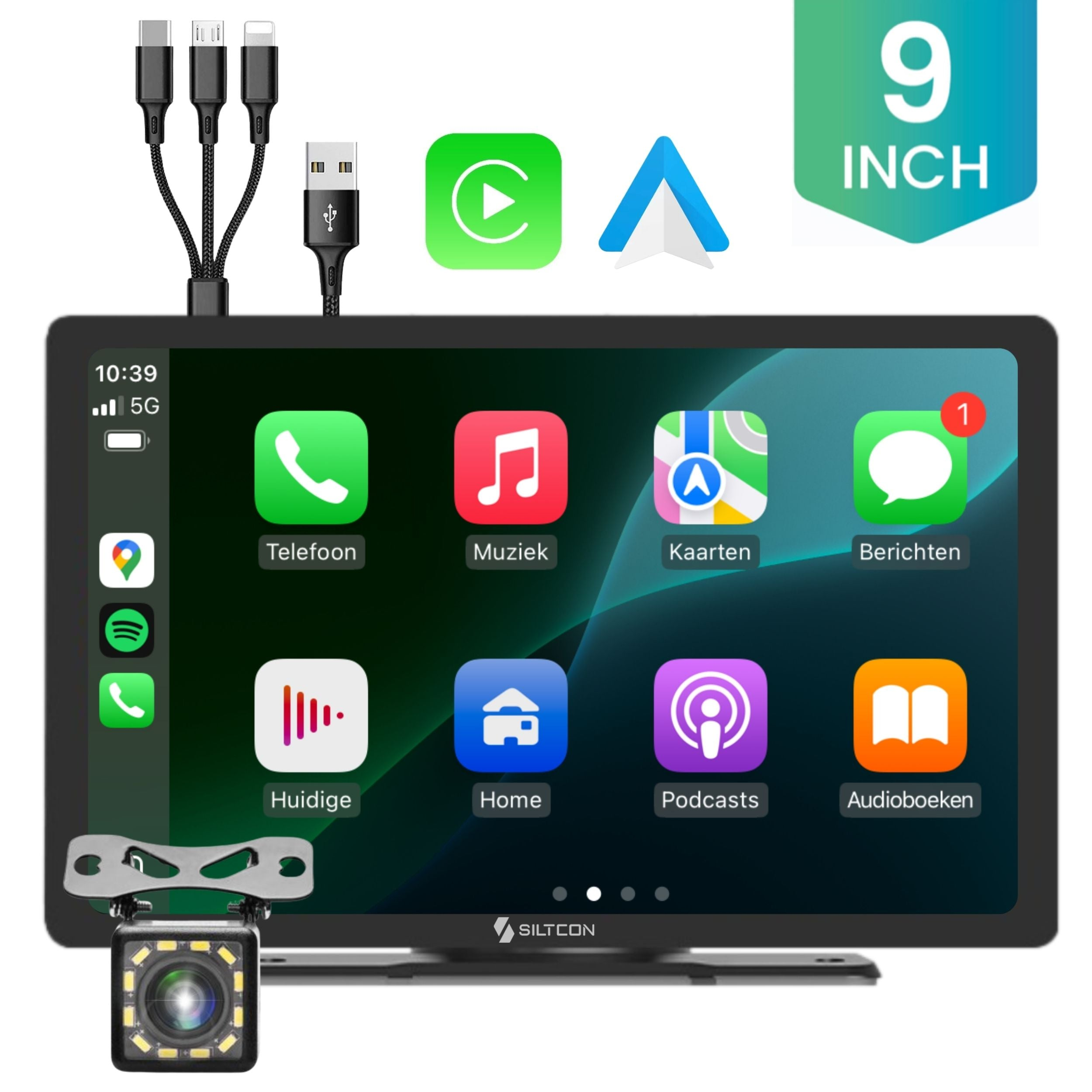 Écran auto 9 pouces avec Apple CarPlay, icônes d'applications et caméra de recul.