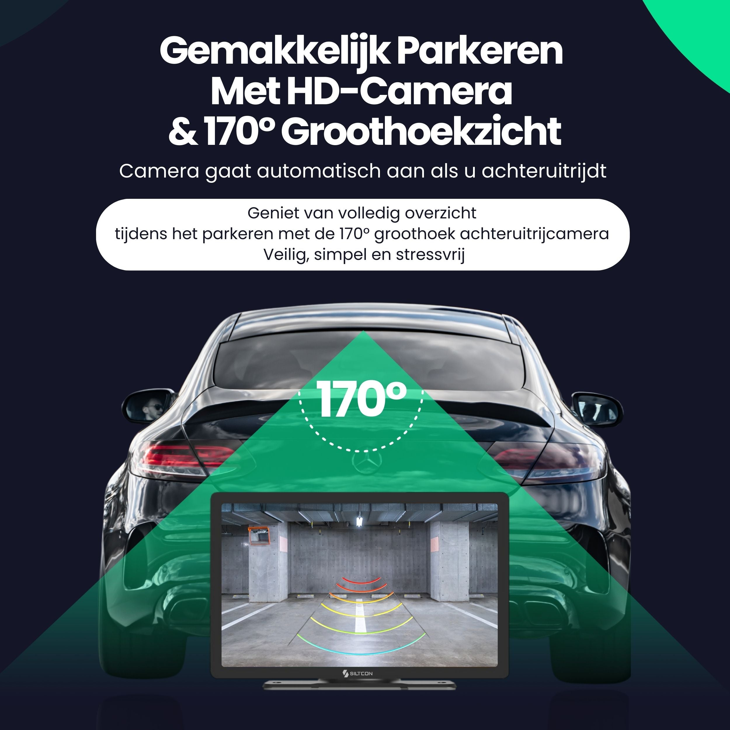 Image promotionnelle d'une caméra de recul HD avec grand angle de 170 degrés et moniteur.