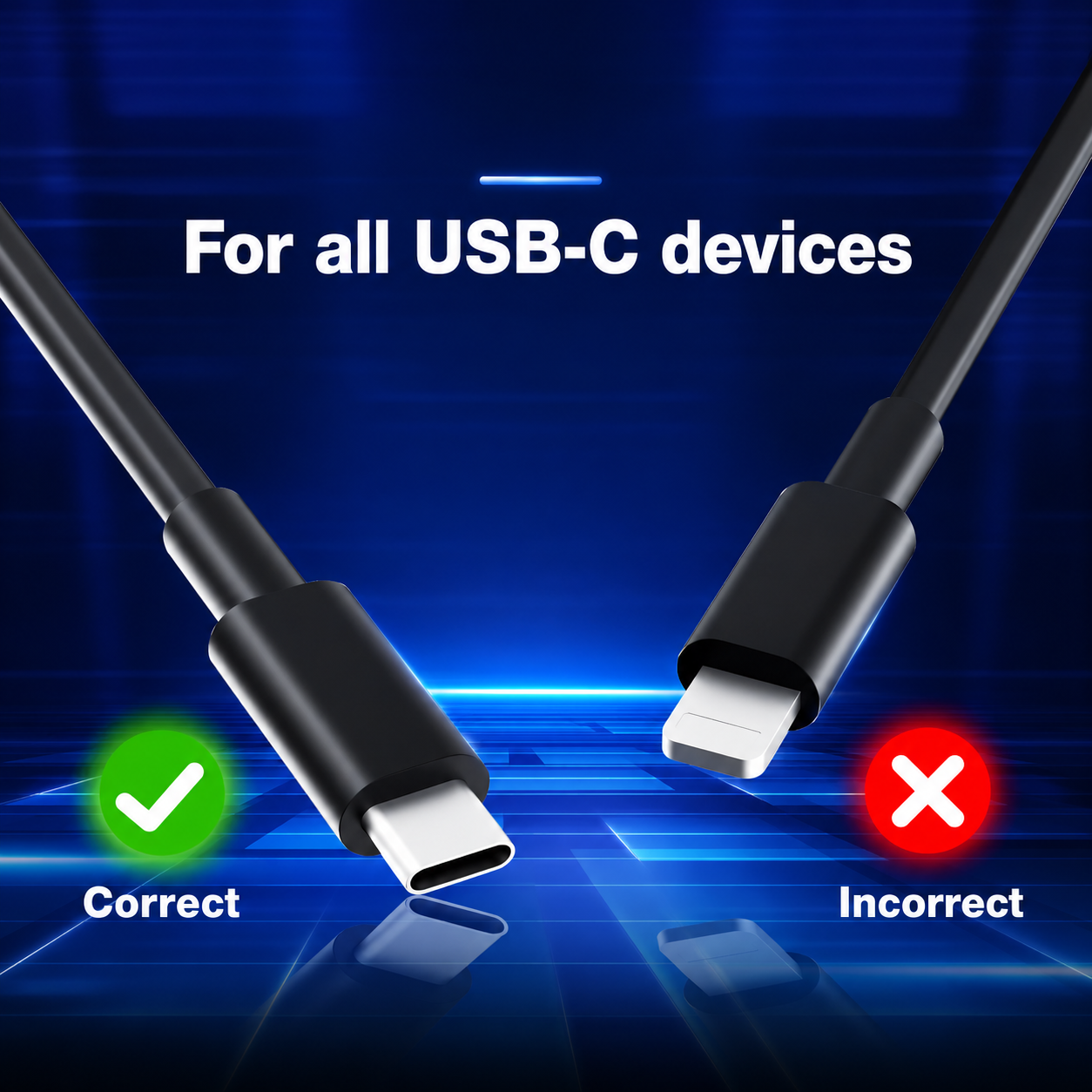 Zwarte USB-C-kabel getoond als correct en een andere connector als incorrect op blauw.