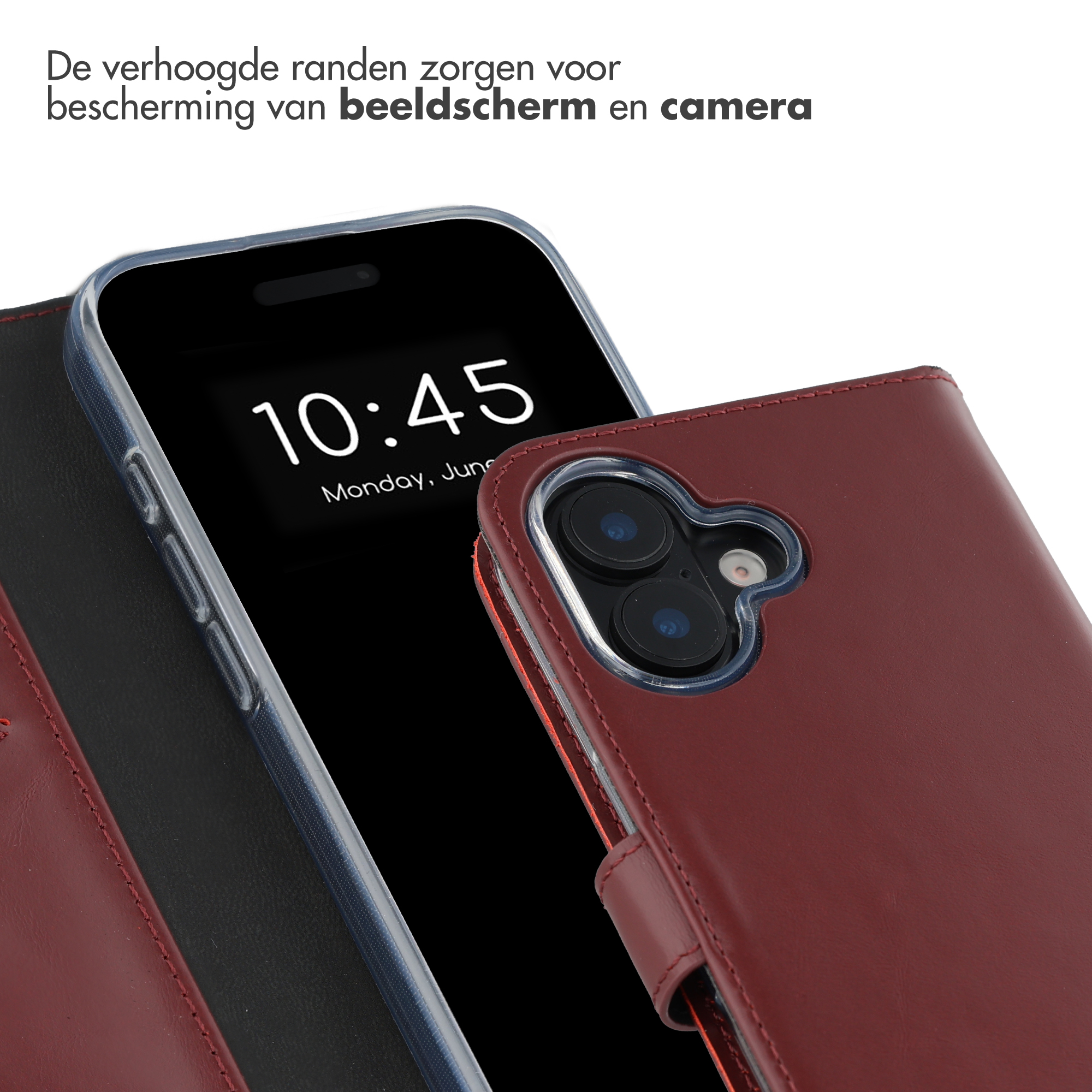 Ein Smartphone in einer roten Lederhülle mit erhöhten Rändern für Display- und Kameraschutz.