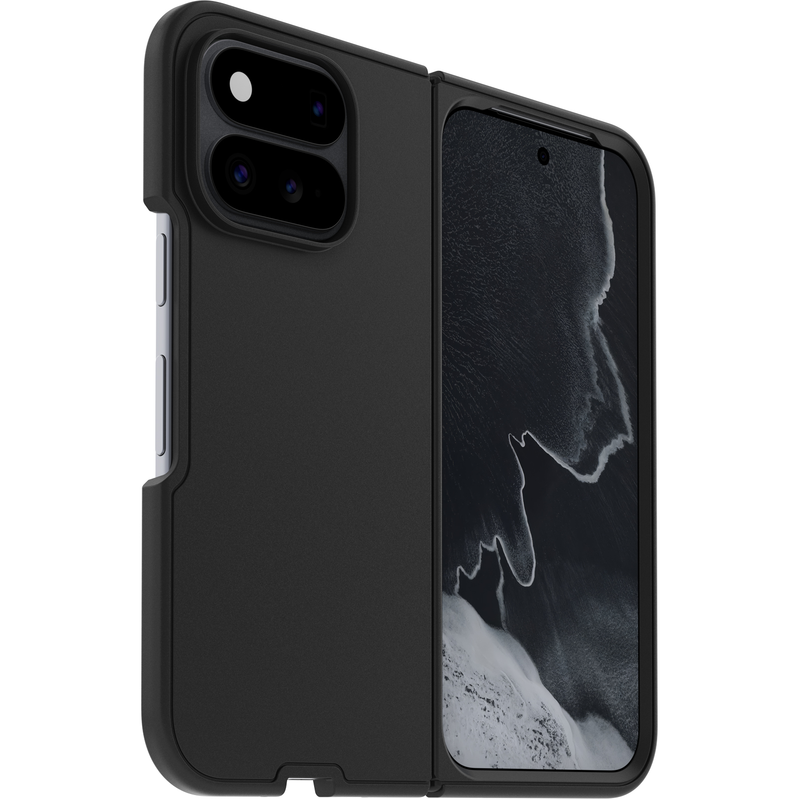 Un smartphone plegable negro en una funda protectora con pantalla marmolada.