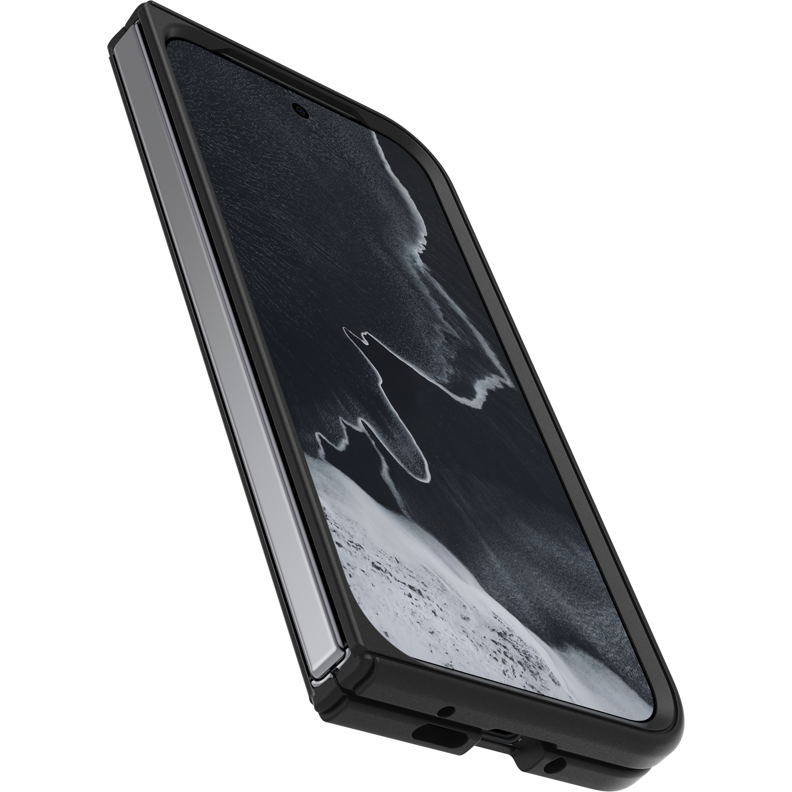 Un smartphone negro con funda protectora negra, vista inclinada que muestra pantalla con fondo ondulado.