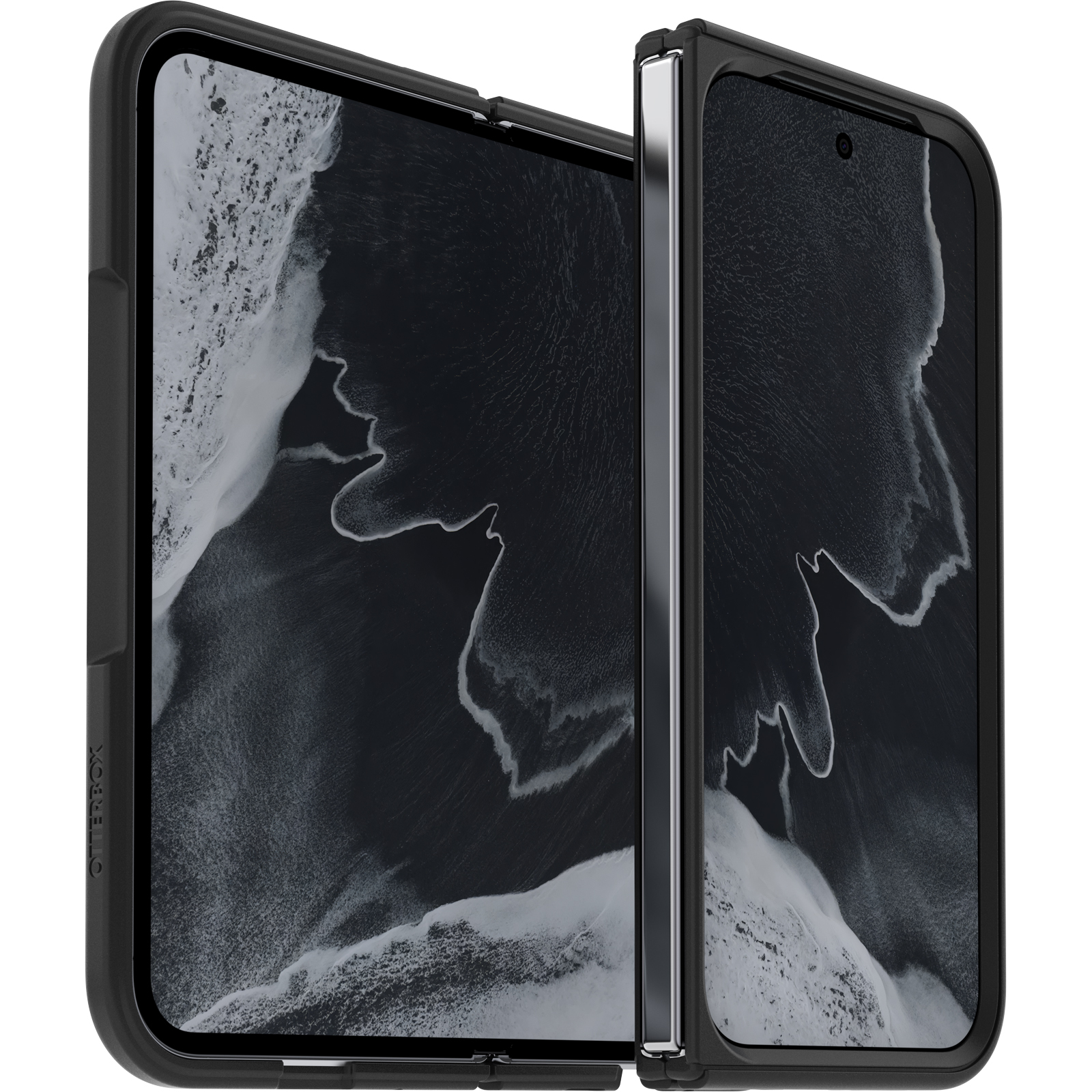 Un smartphone plegable negro con funda protectora y gráficos abstractos de ondas en sus pantallas.