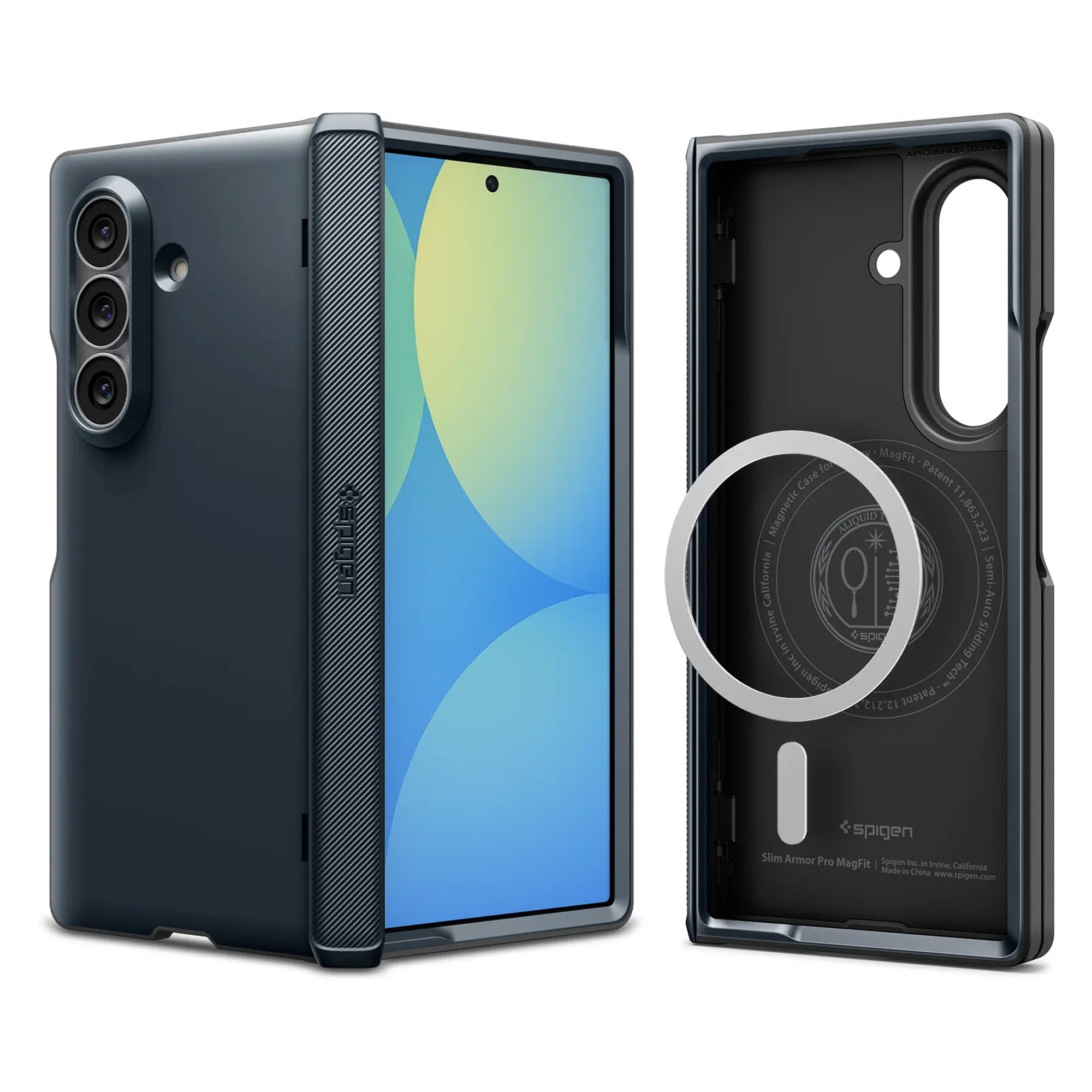 A dark blue phone case shown on a phone and next to it with a magnetic ring.