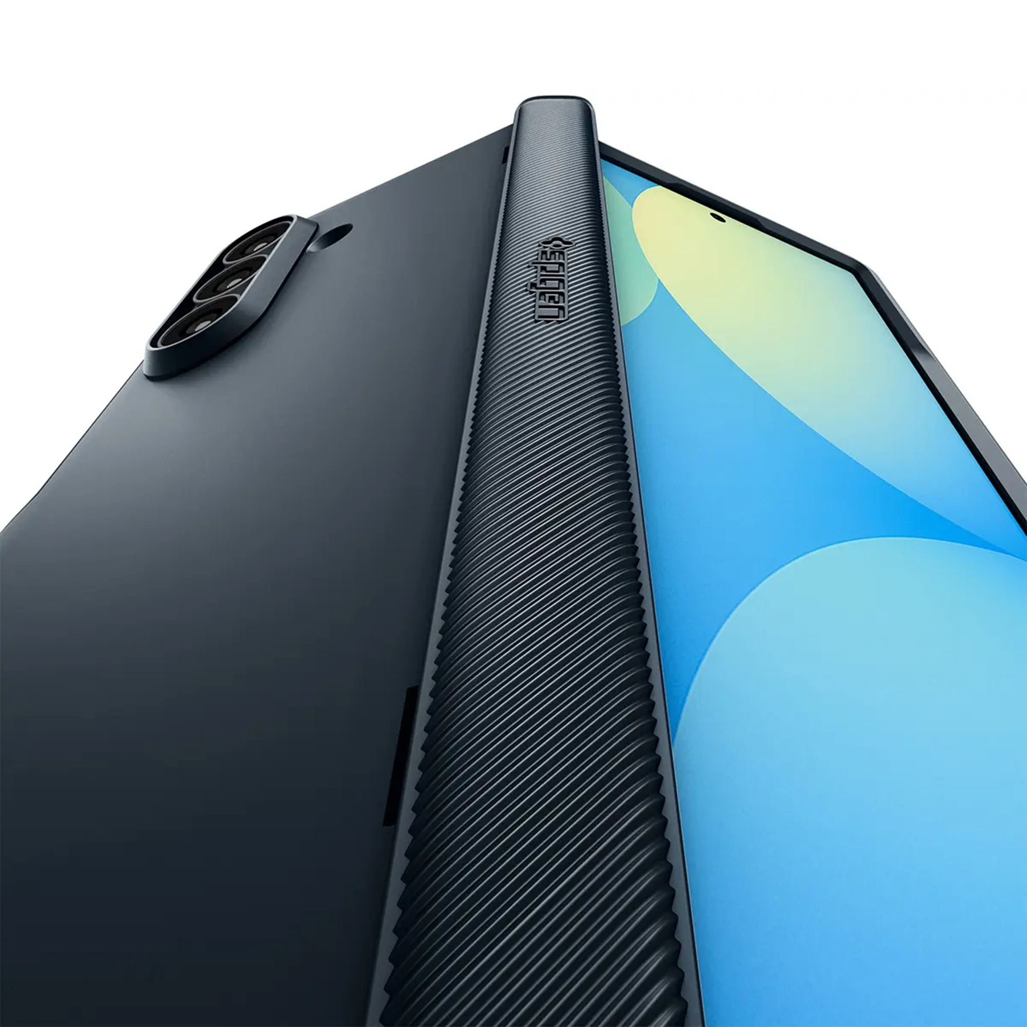 Low angle view of a black smartphone in a protective case, showing rear cameras and a blue screen.